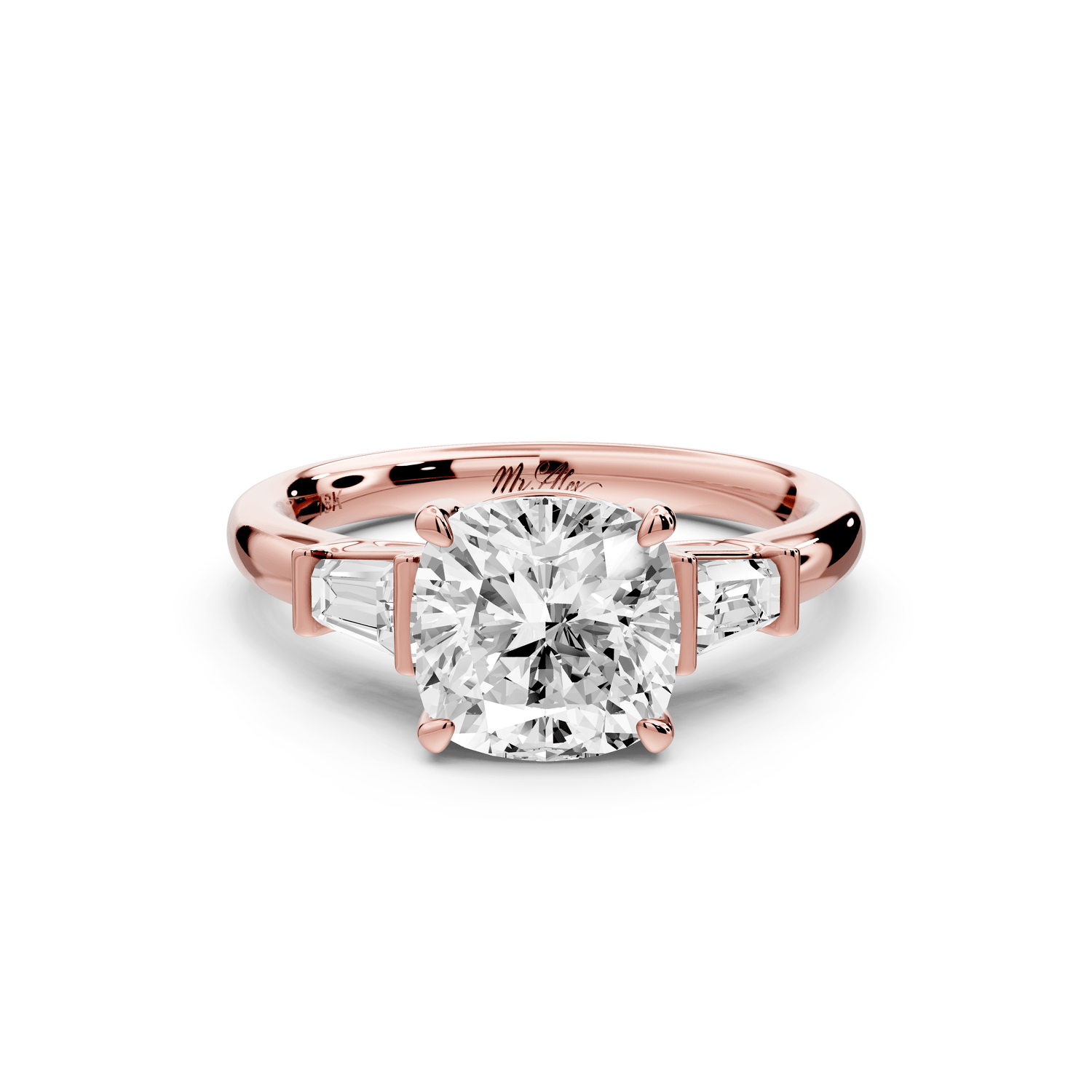 Naomi - 2ct 14k rose gold cushion diamond with Tapered Baguettes side stones Engagement Ring - Mr. Alex Jewelry