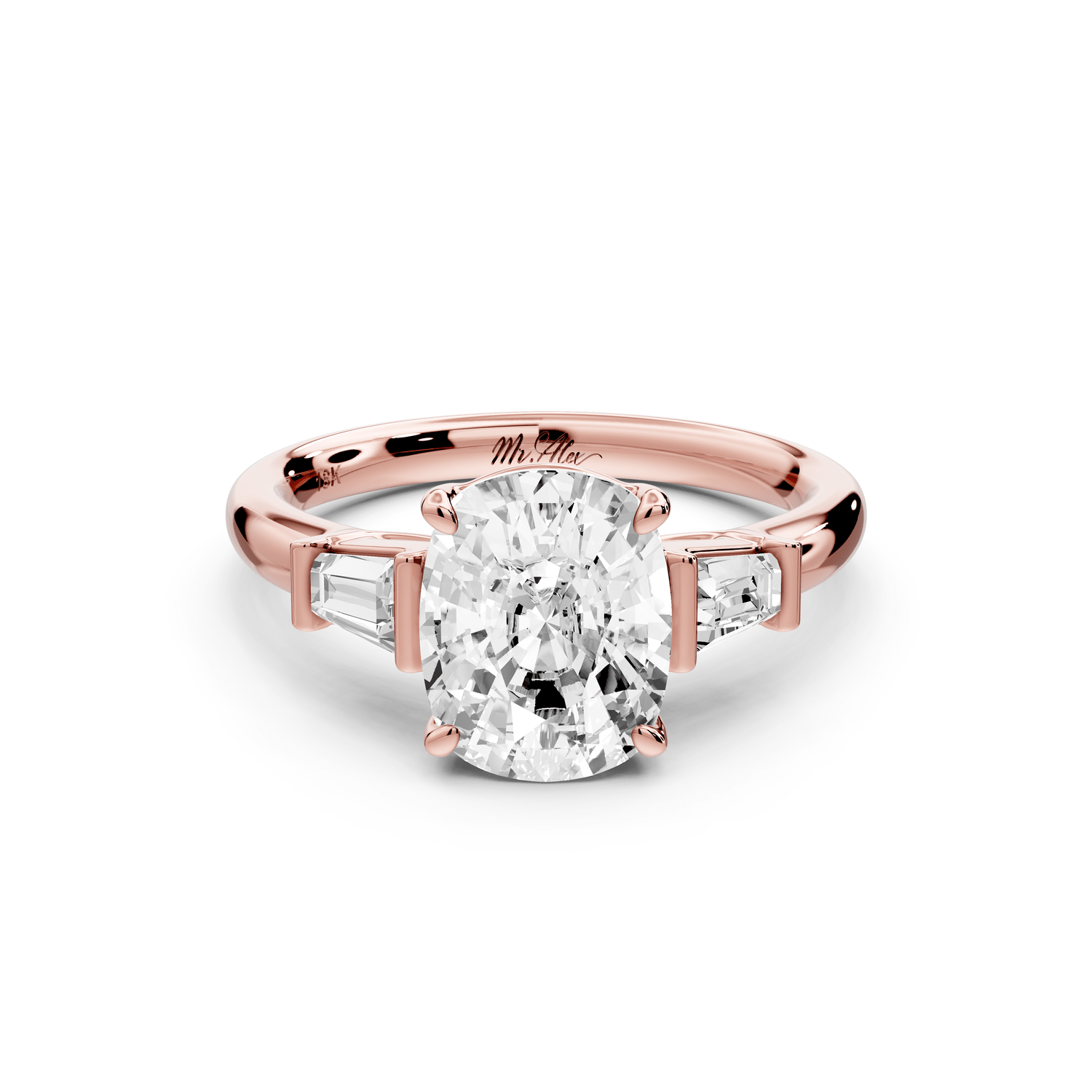 Naomi - 2ct 14k rose gold ecushion diamond with Tapered Baguettes side stones Engagement Ring - Mr. Alex Jewelry