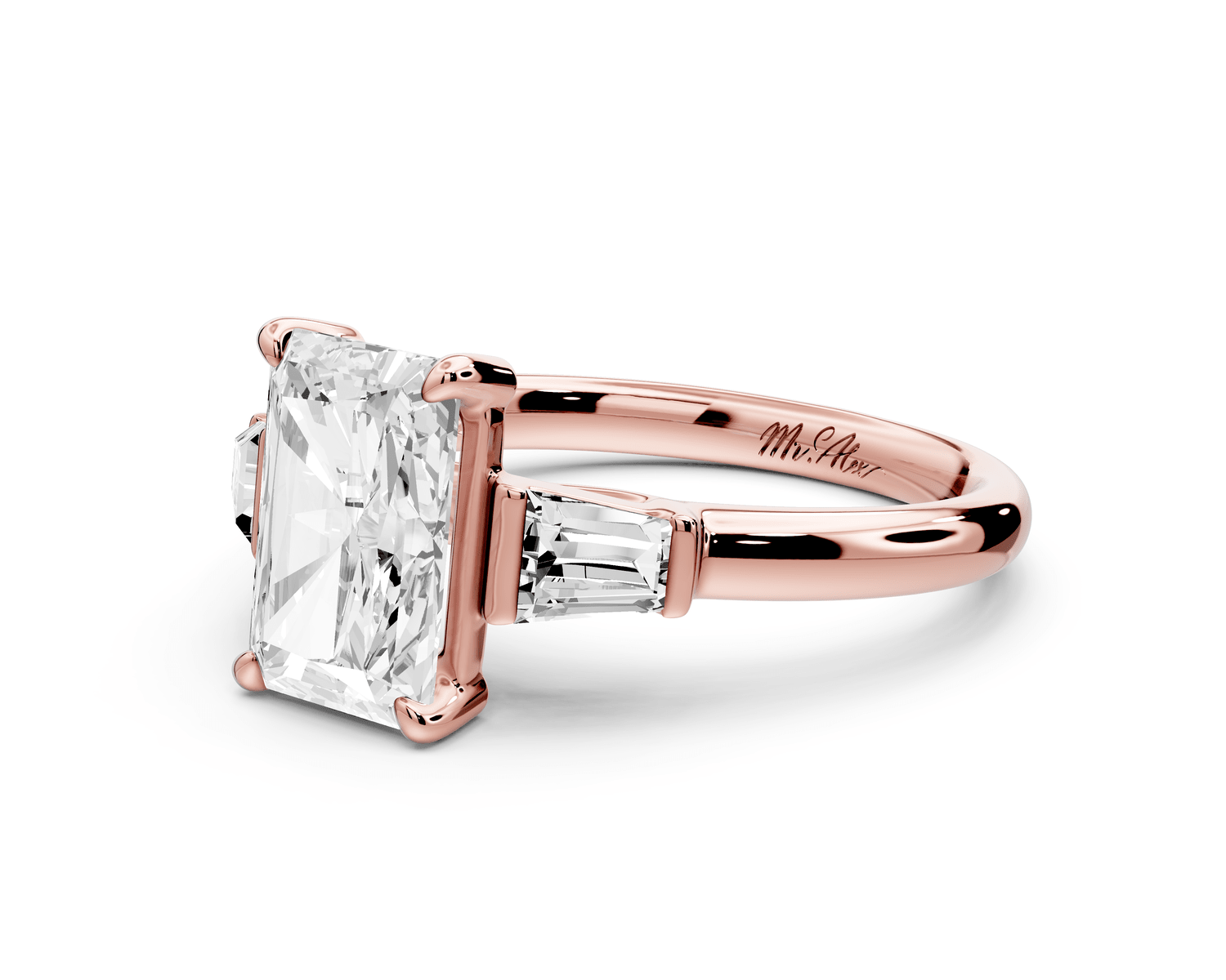 Naomi - 2ct 14k rose gold radiant diamond with Tapered Baguettes side stones Engagement Ring - Mr. Alex Jewelry