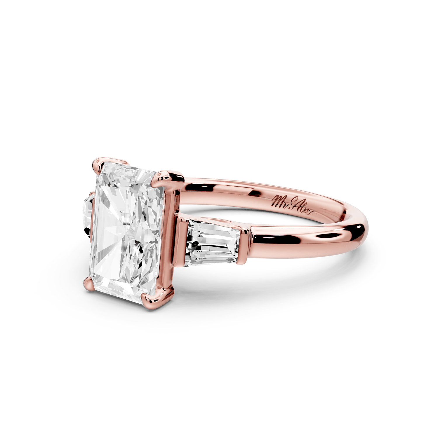 Naomi - 2ct 14k rose gold radiant diamond with Tapered Baguettes side stones Engagement Ring - Mr. Alex Jewelry