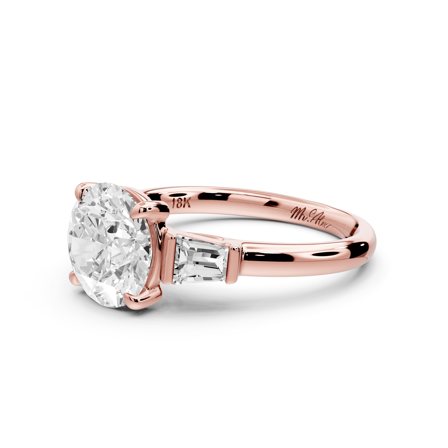 Naomi - 2ct 14k rose gold round diamond with Tapered Baguettes side stones Engagement Ring - Mr. Alex Jewelry