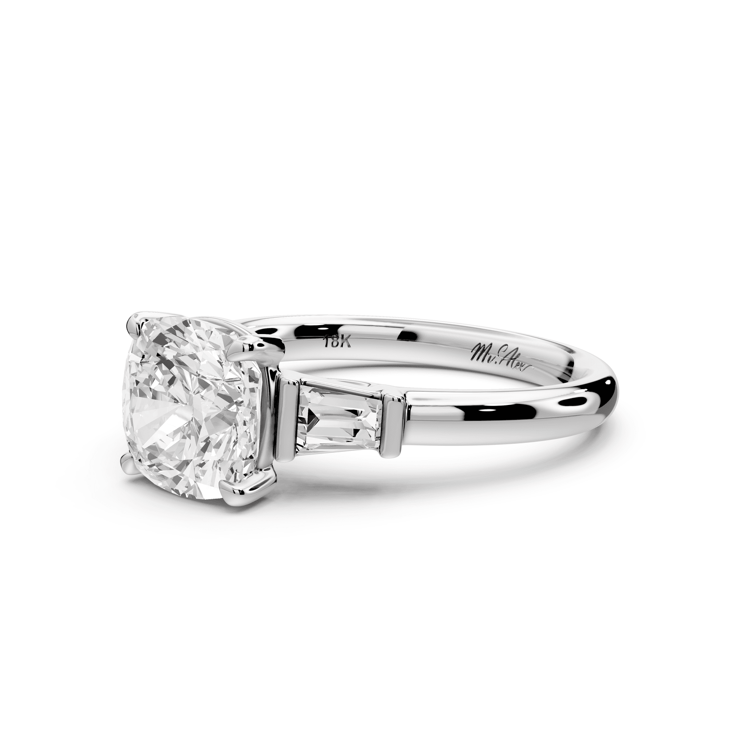 Naomi - 2ct 14k white gold cushion diamond with Tapered Baguettes side stones Engagement Ring - Mr. Alex Jewelry