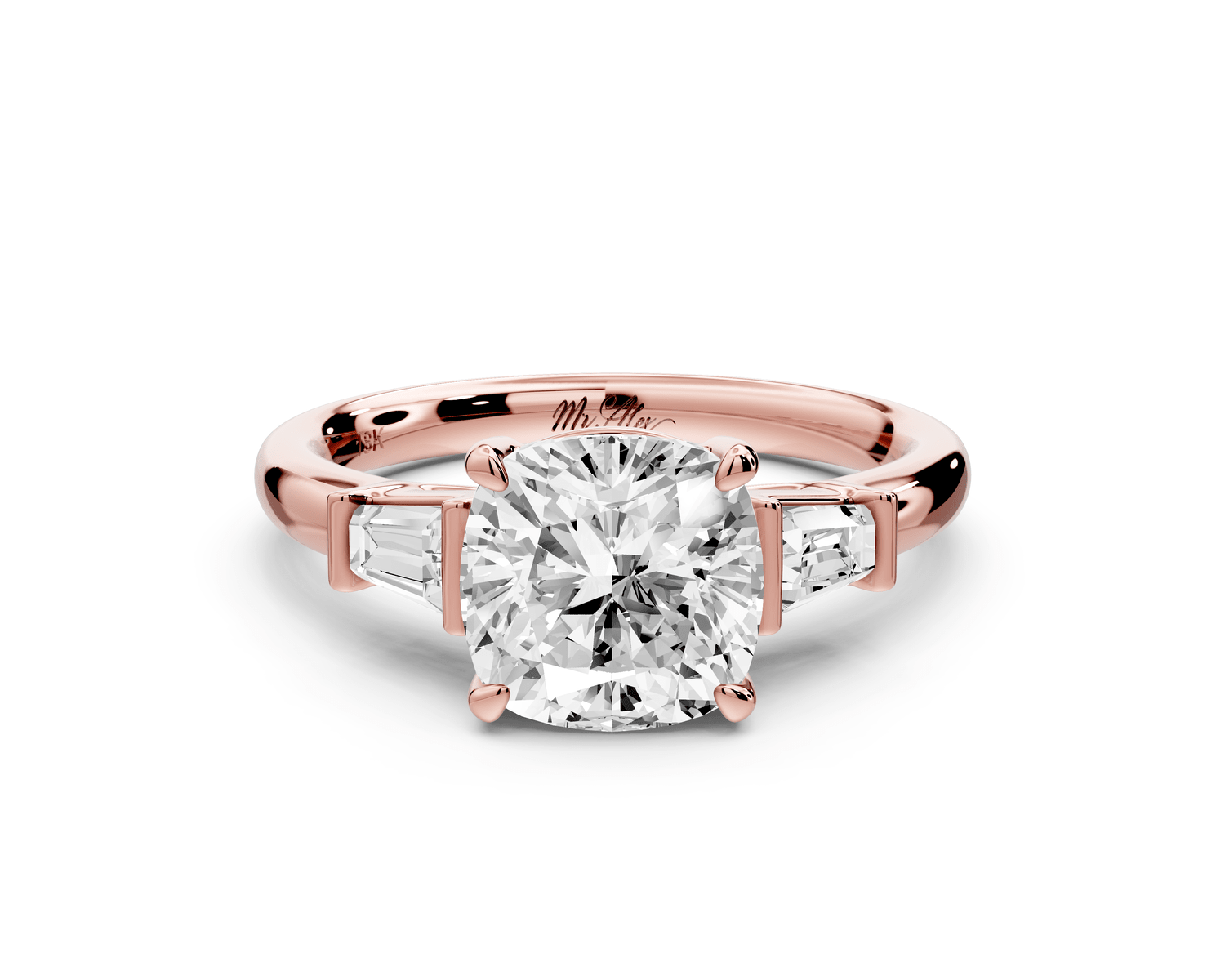 Naomi - 2ct 18k rose gold cushion diamond with Tapered Baguettes side stones Engagement Ring - Mr. Alex Jewelry