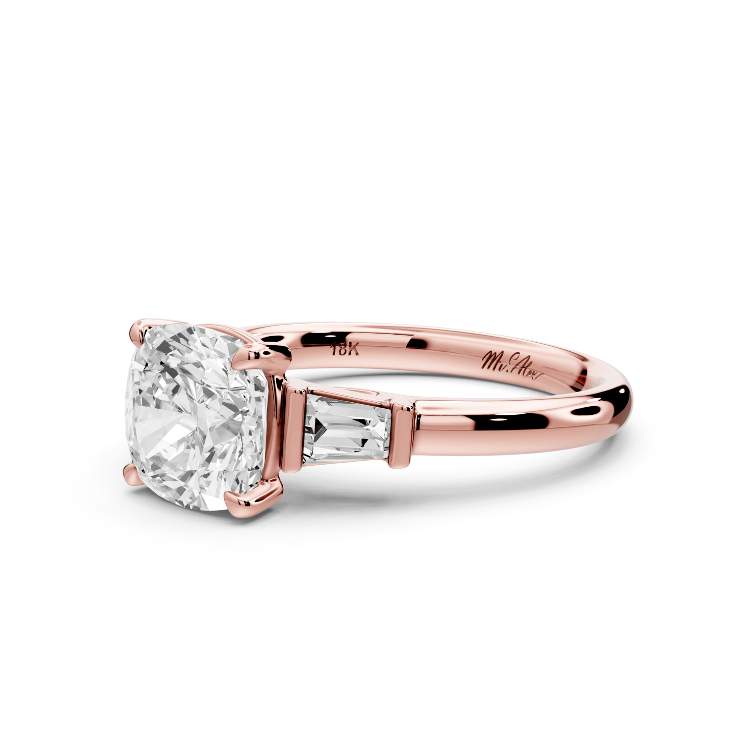 Naomi - 2ct 18k rose gold cushion diamond with Tapered Baguettes side stones Engagement Ring - Mr. Alex Jewelry