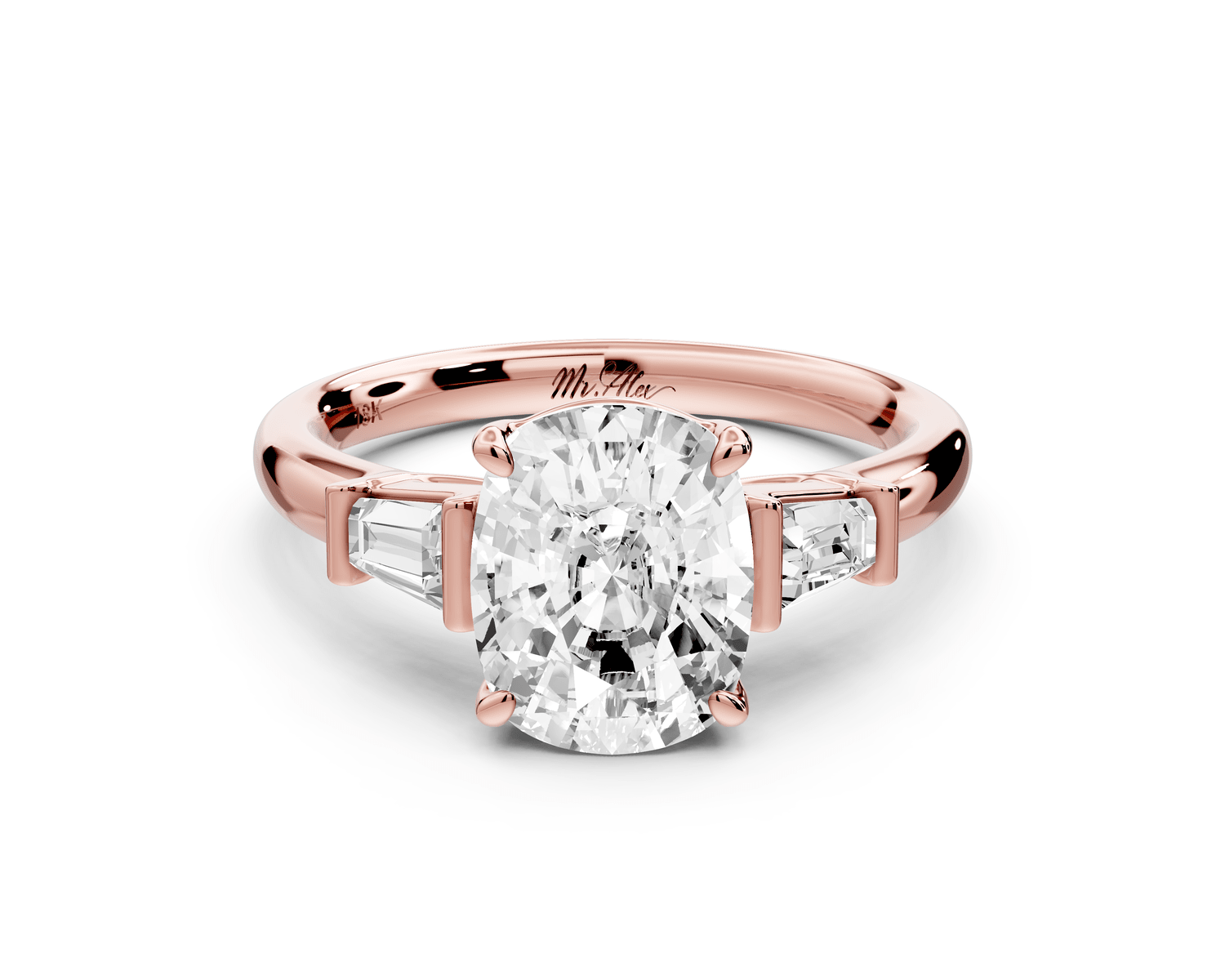Naomi - 2ct 18k rose gold ecushion diamond with Tapered Baguettes side stones Engagement Ring - Mr. Alex Jewelry