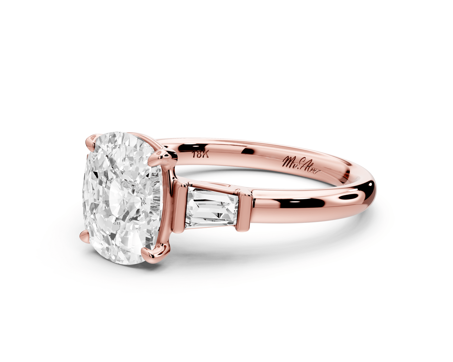 Naomi - 2ct 18k rose gold ecushion diamond with Tapered Baguettes side stones Engagement Ring - Mr. Alex Jewelry