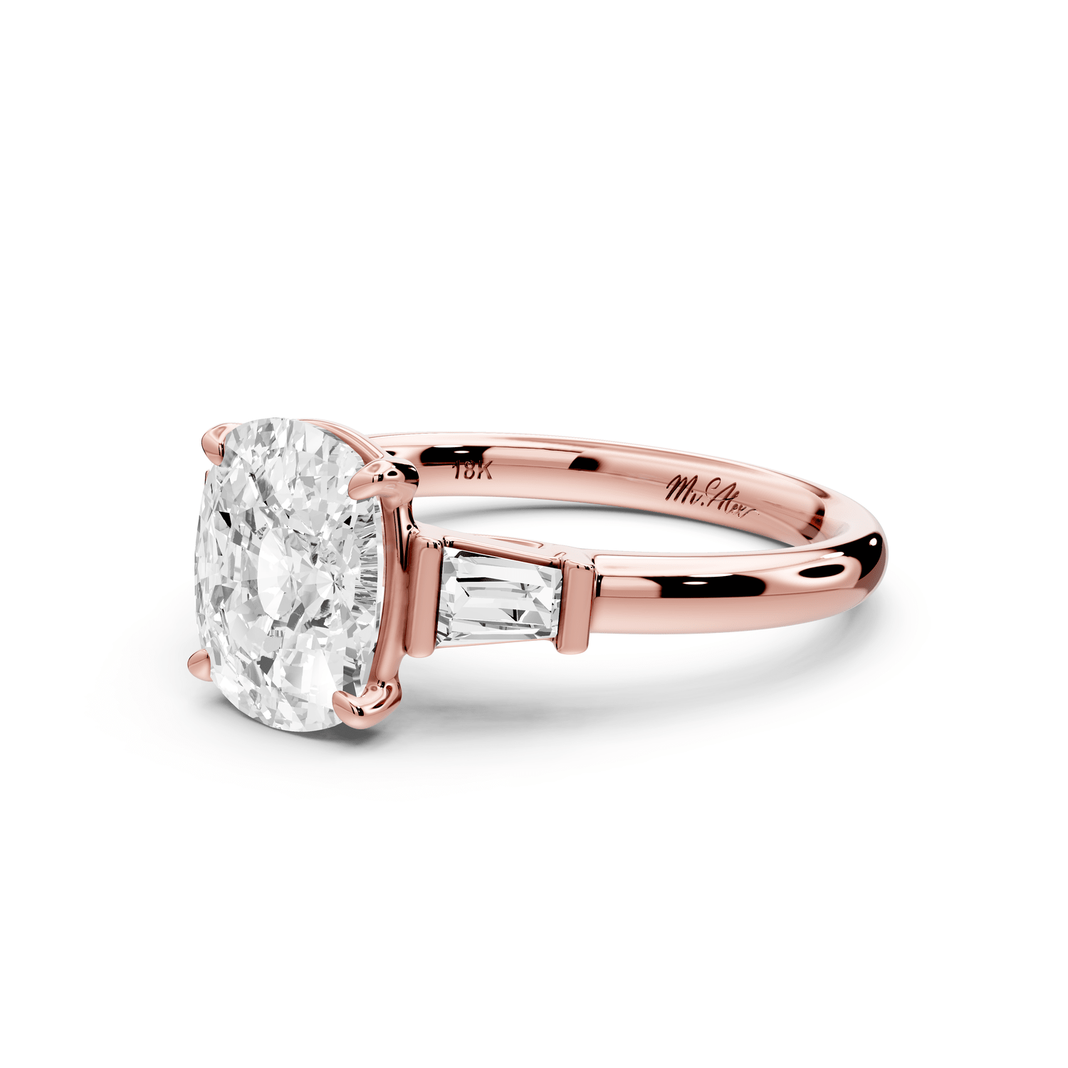 Naomi - 2ct 18k rose gold ecushion diamond with Tapered Baguettes side stones Engagement Ring - Mr. Alex Jewelry