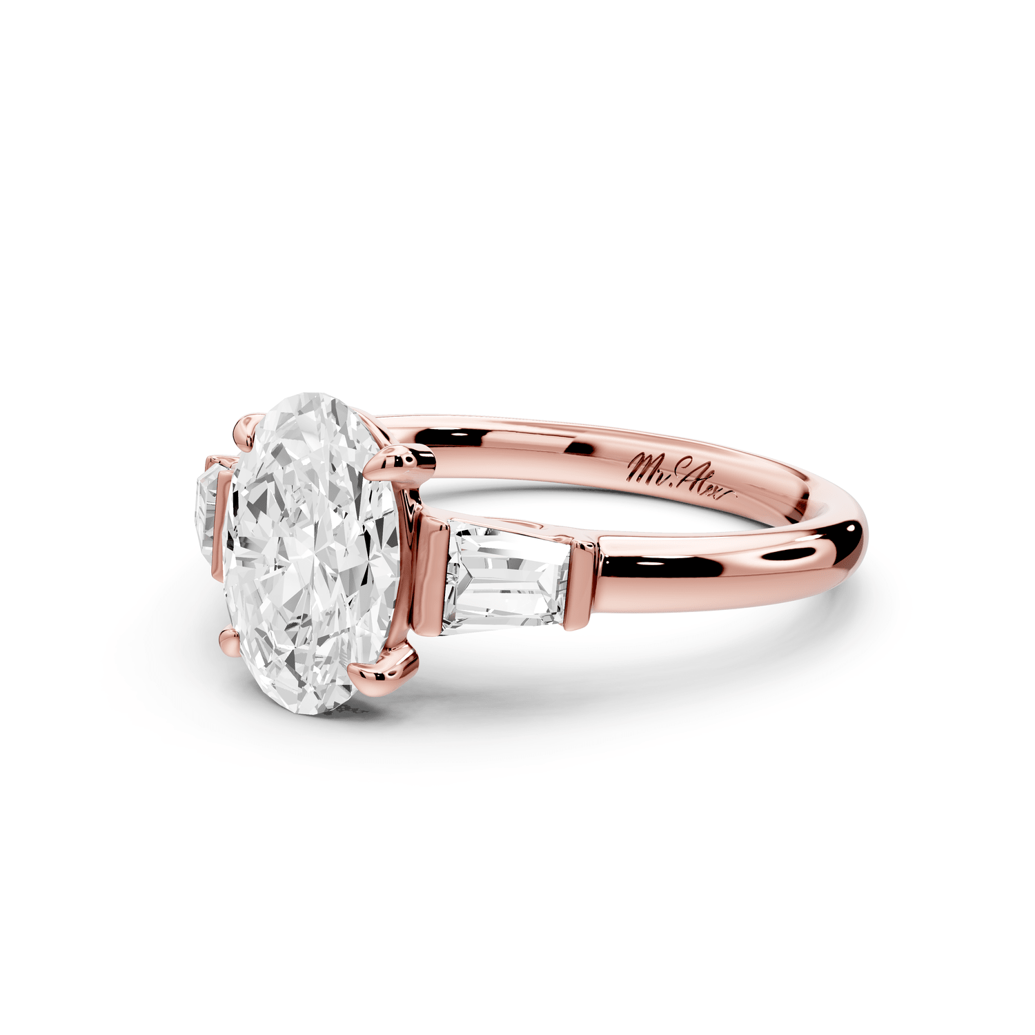 Naomi - 2ct 18k rose gold oval diamond with Tapered Baguettes side stones Engagement Ring - Mr. Alex Jewelry