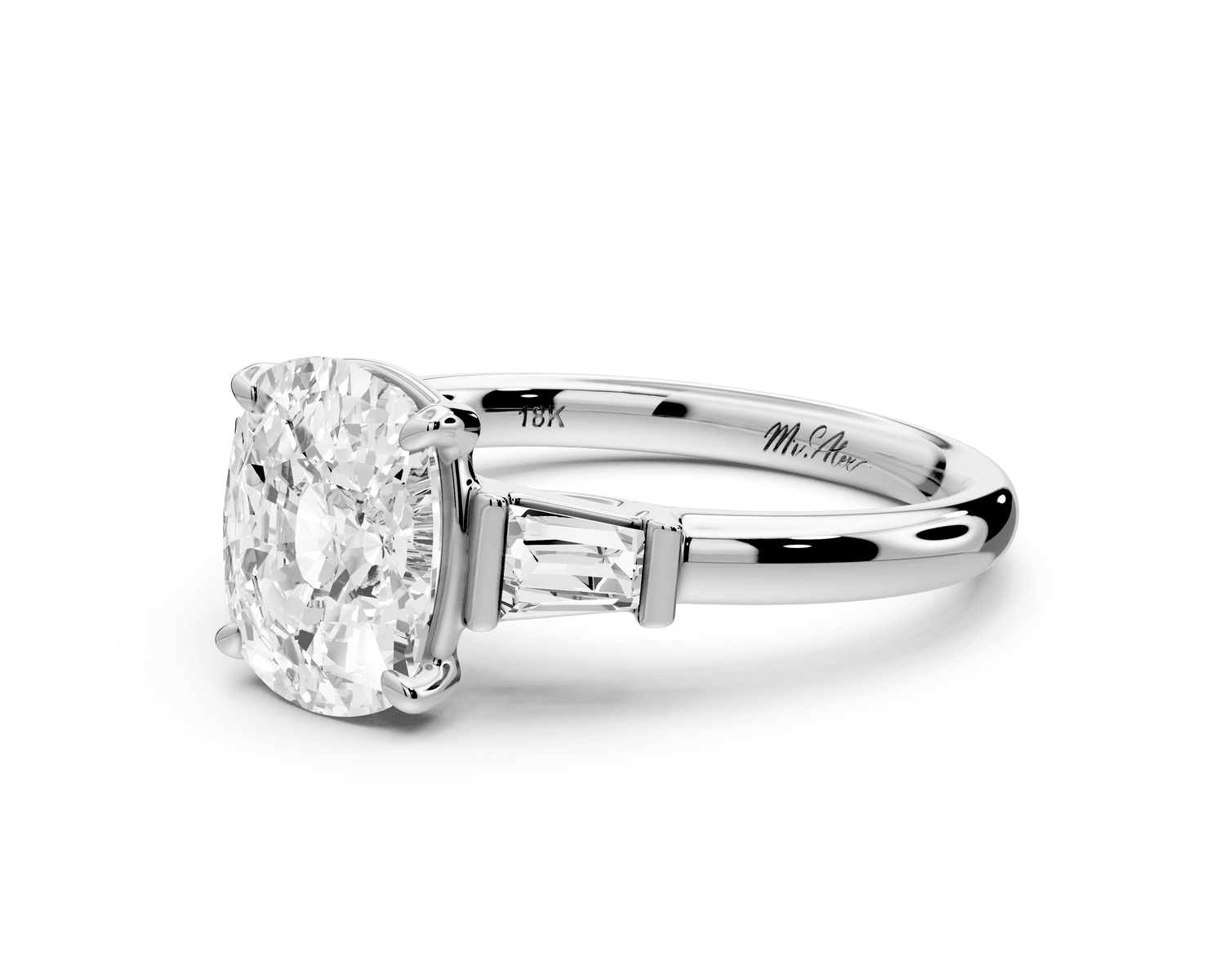 Naomi - 2ct 18k white gold ecushion diamond with Tapered Baguettes side stones Engagement Ring - Mr. Alex Jewelry