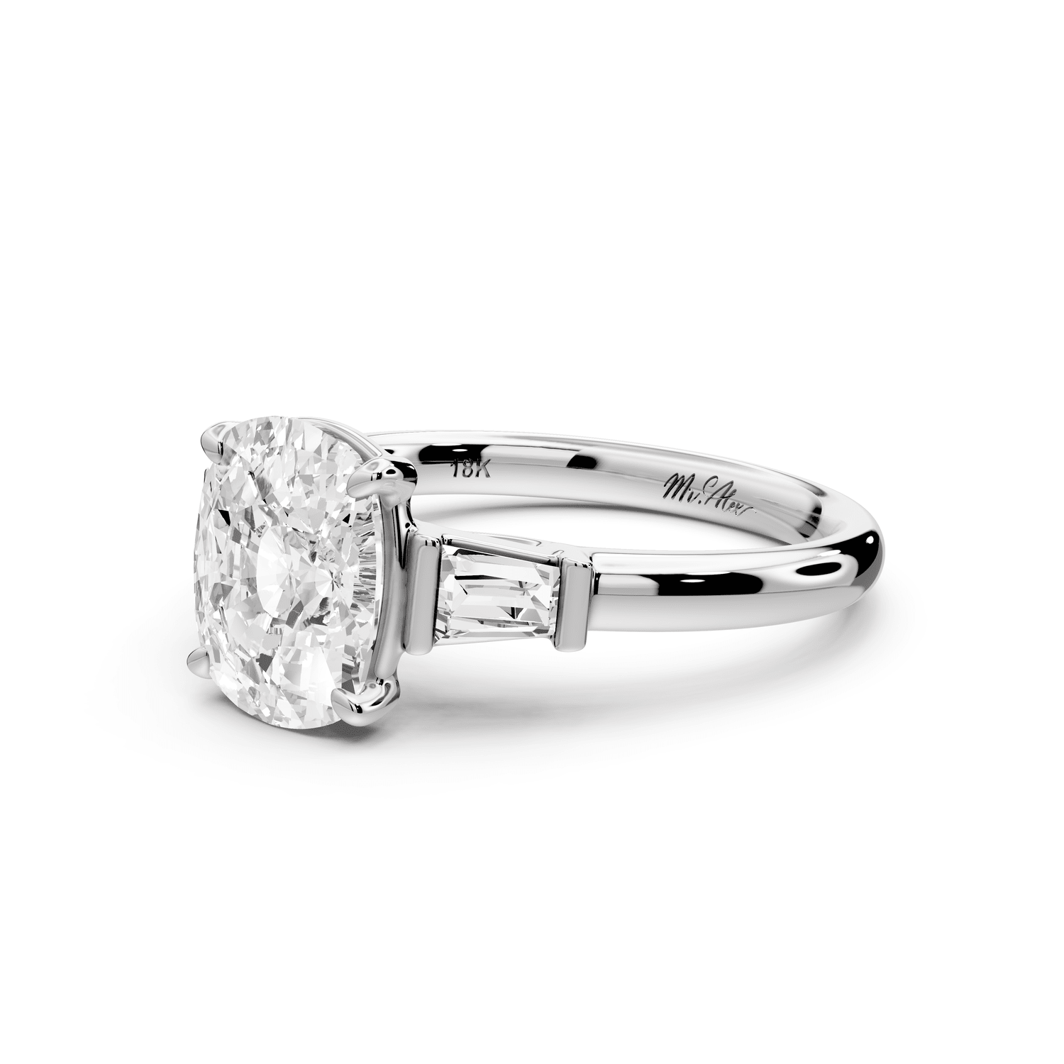 Naomi - 2ct 18k white gold ecushion diamond with Tapered Baguettes side stones Engagement Ring - Mr. Alex Jewelry