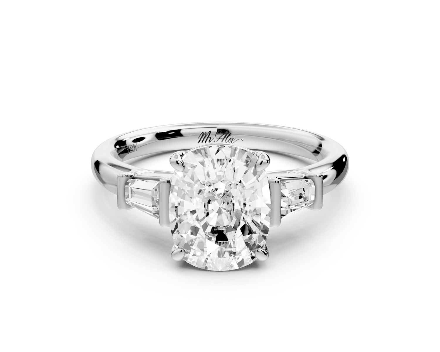Naomi - 2ct 18k white gold ecushion diamond with Tapered Baguettes side stones Engagement Ring - Mr. Alex Jewelry