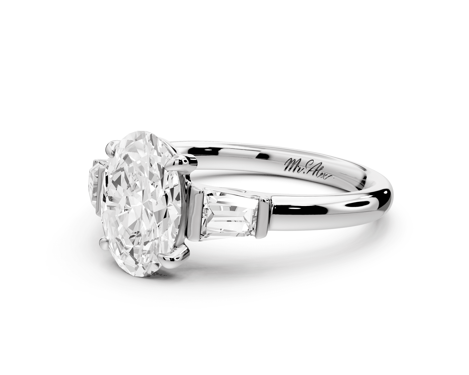 Naomi - 2ct 18k white gold oval diamond with Tapered Baguettes side stones Engagement Ring - Mr. Alex Jewelry