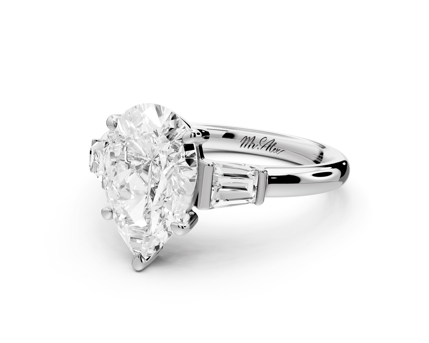 Naomi - 2ct 18k white gold pear diamond with Tapered Baguettes side stones Engagement Ring - Mr. Alex Jewelry