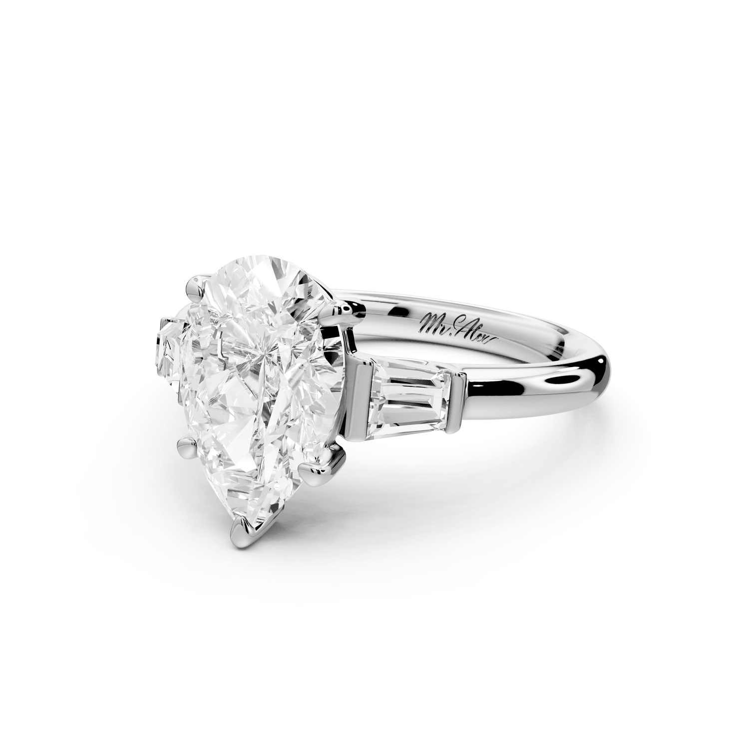 Naomi - 2ct 18k white gold pear diamond with Tapered Baguettes side stones Engagement Ring - Mr. Alex Jewelry