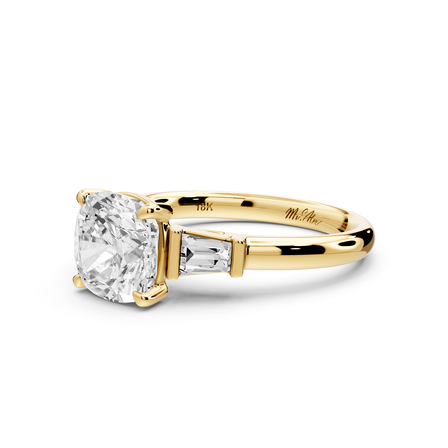 Naomi - 2ct 18k yellow gold cushion diamond with Tapered Baguettes side stones Engagement Ring - Mr. Alex Jewelry