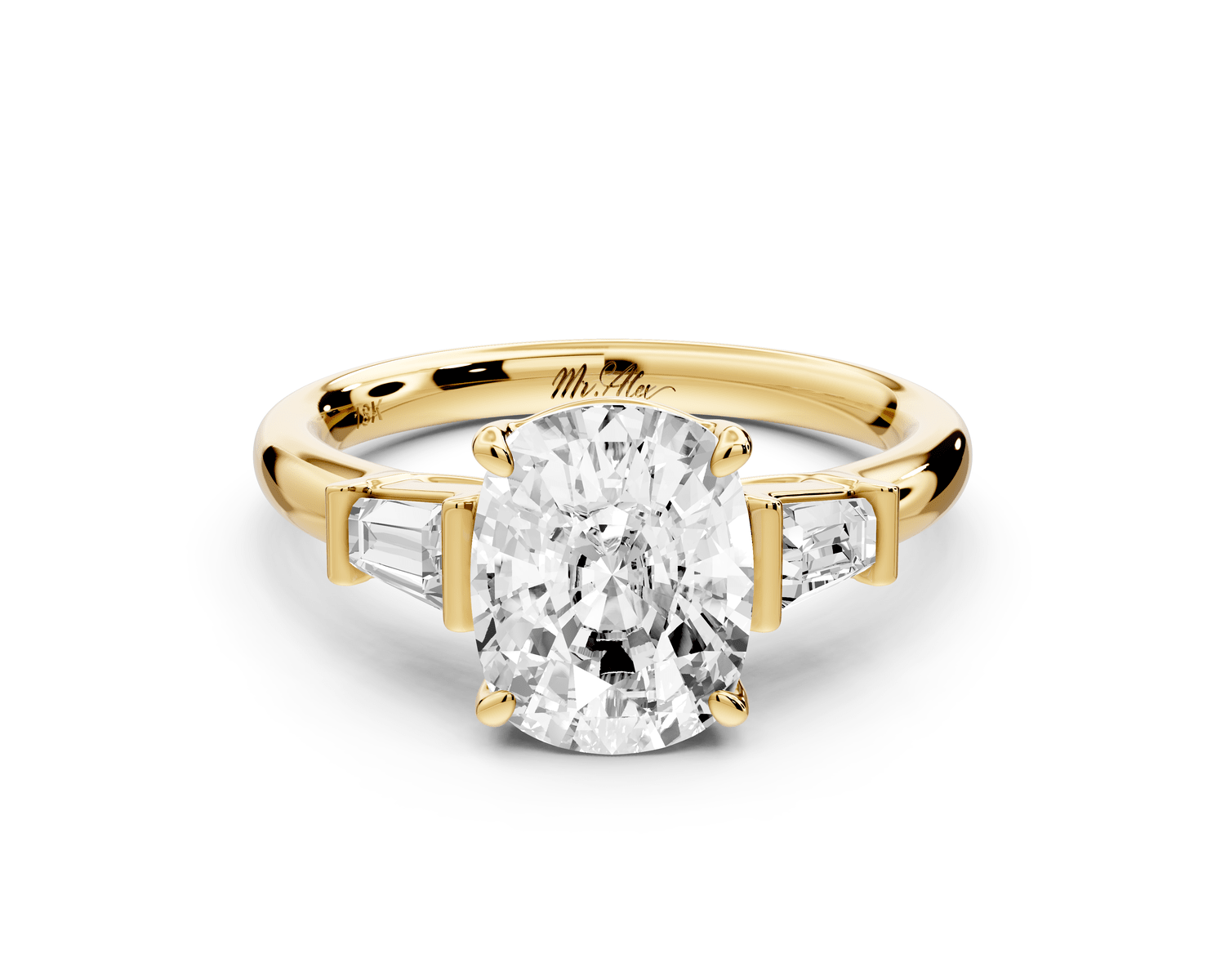 Naomi - 2ct 18k yellow gold ecushion diamond with Tapered Baguettes side stones Engagement Ring - Mr. Alex Jewelry
