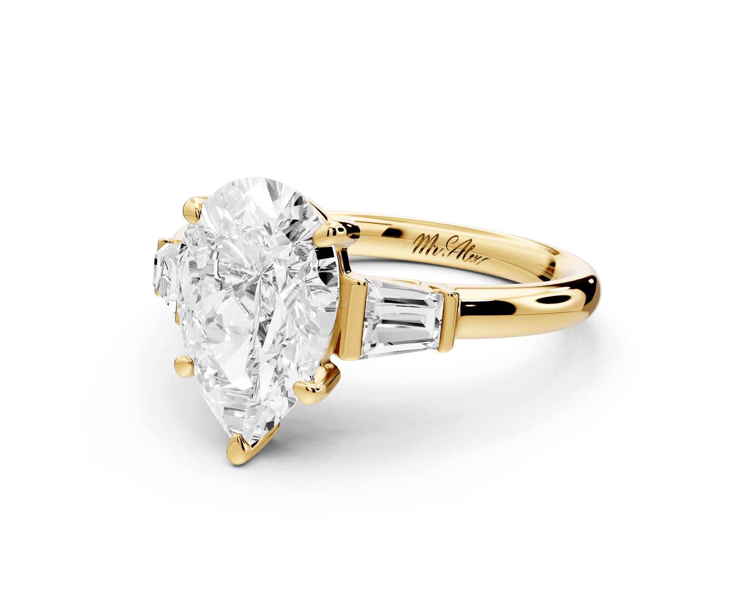 Naomi - 2ct 18k yellow gold pear diamond with Tapered Baguettes side stones Engagement Ring - Mr. Alex Jewelry