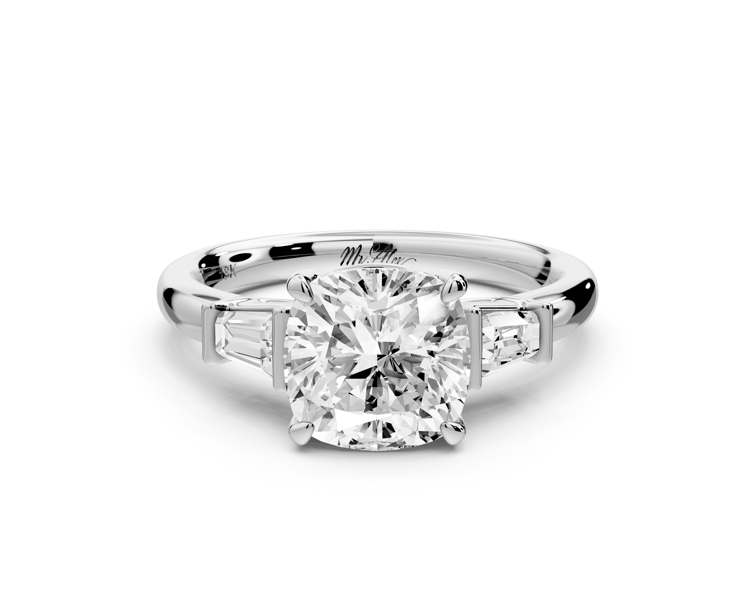 Naomi - 2ct platinum cushion diamond with Tapered Baguettes side stones Engagement Ring - Mr. Alex Jewelry