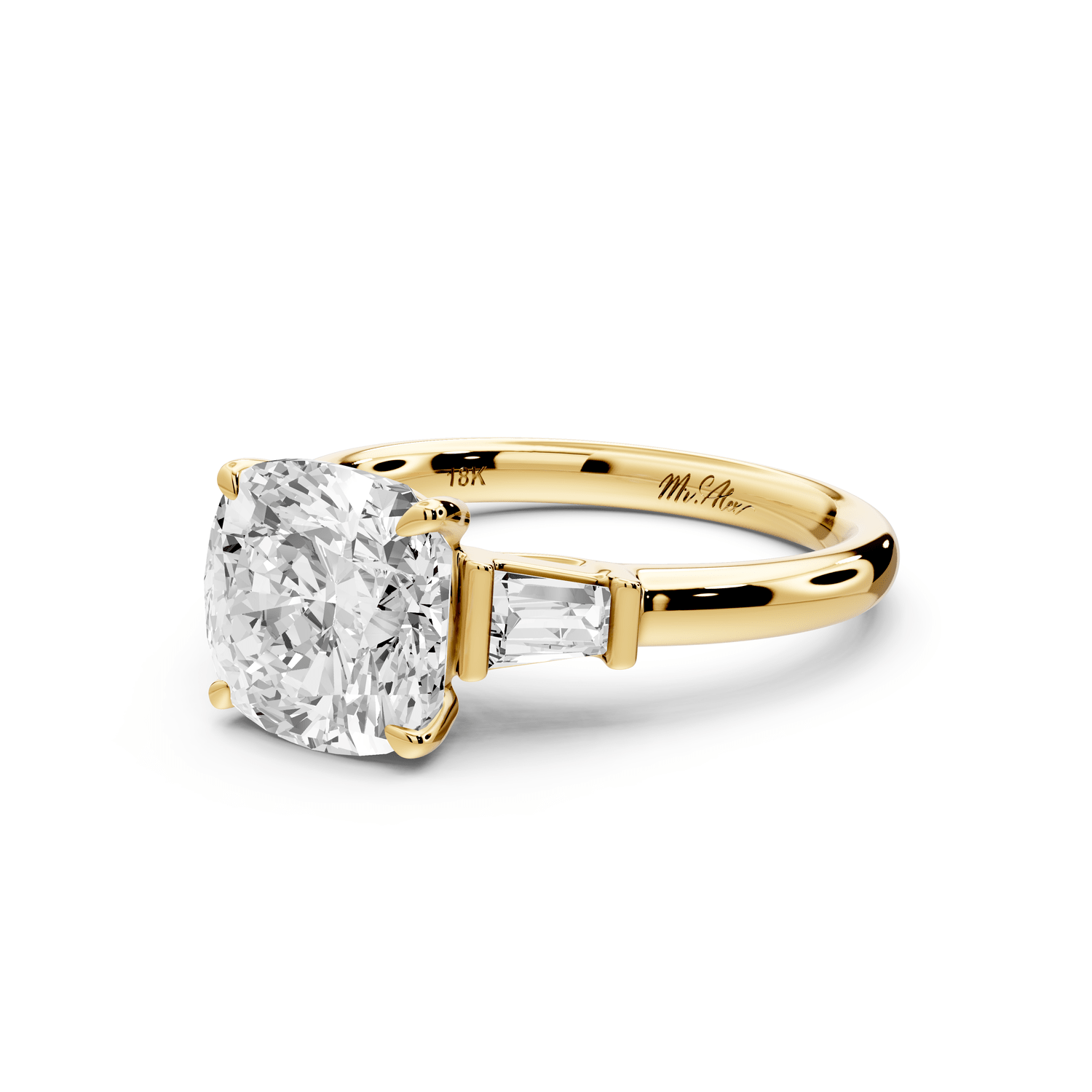 Naomi - 3ct 14k yellow gold cushion diamond with Tapered Baguettes side stones Engagement Ring - Mr. Alex Jewelry