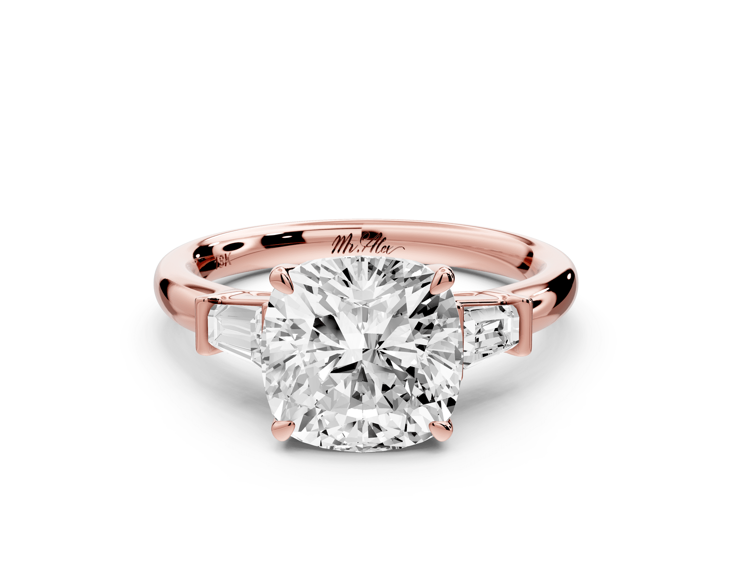 Naomi - 3ct 18k rose gold cushion diamond with Tapered Baguettes side stones Engagement Ring - Mr. Alex Jewelry