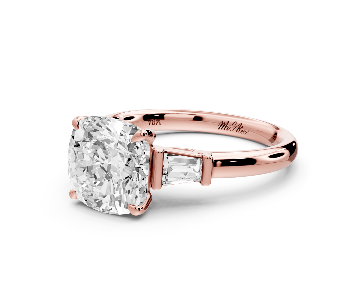 Naomi - 3ct 18k rose gold cushion diamond with Tapered Baguettes side stones Engagement Ring - Mr. Alex Jewelry