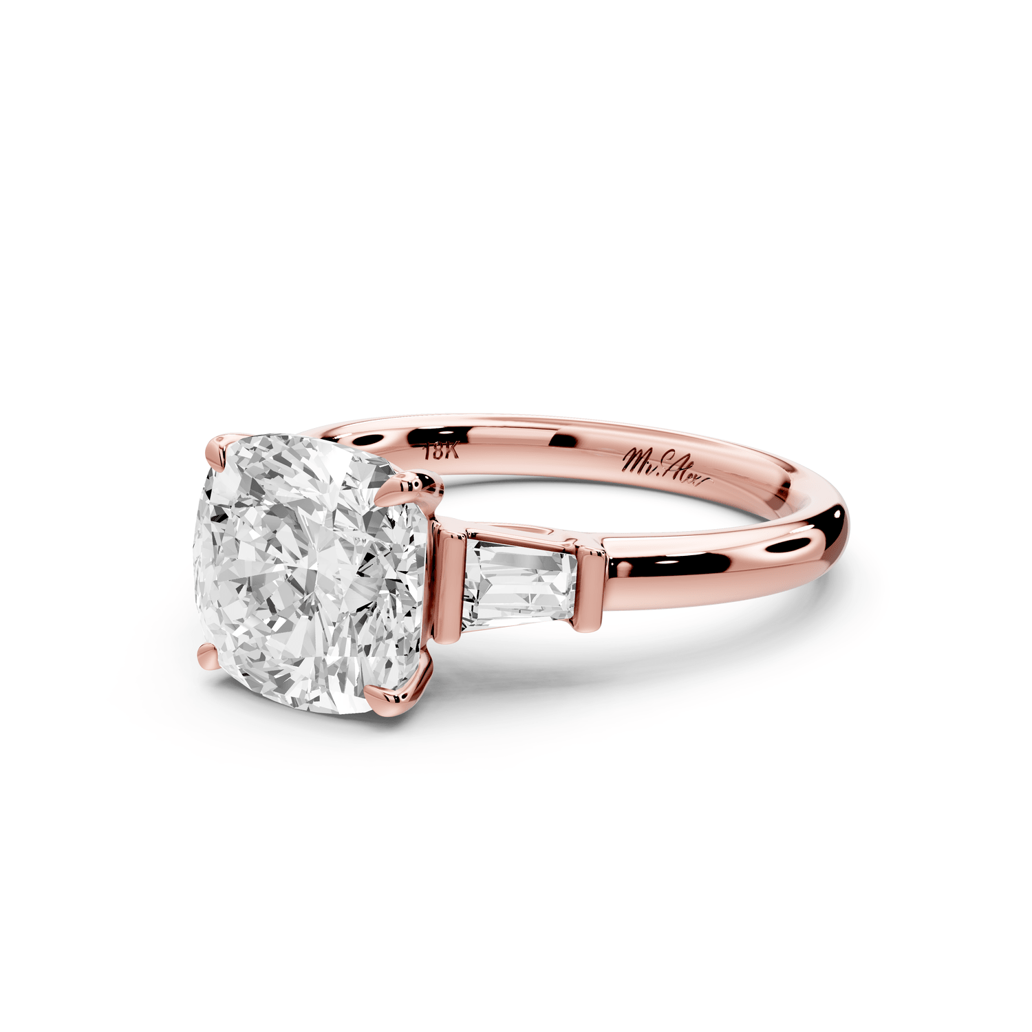 Naomi - 3ct 18k rose gold cushion diamond with Tapered Baguettes side stones Engagement Ring - Mr. Alex Jewelry