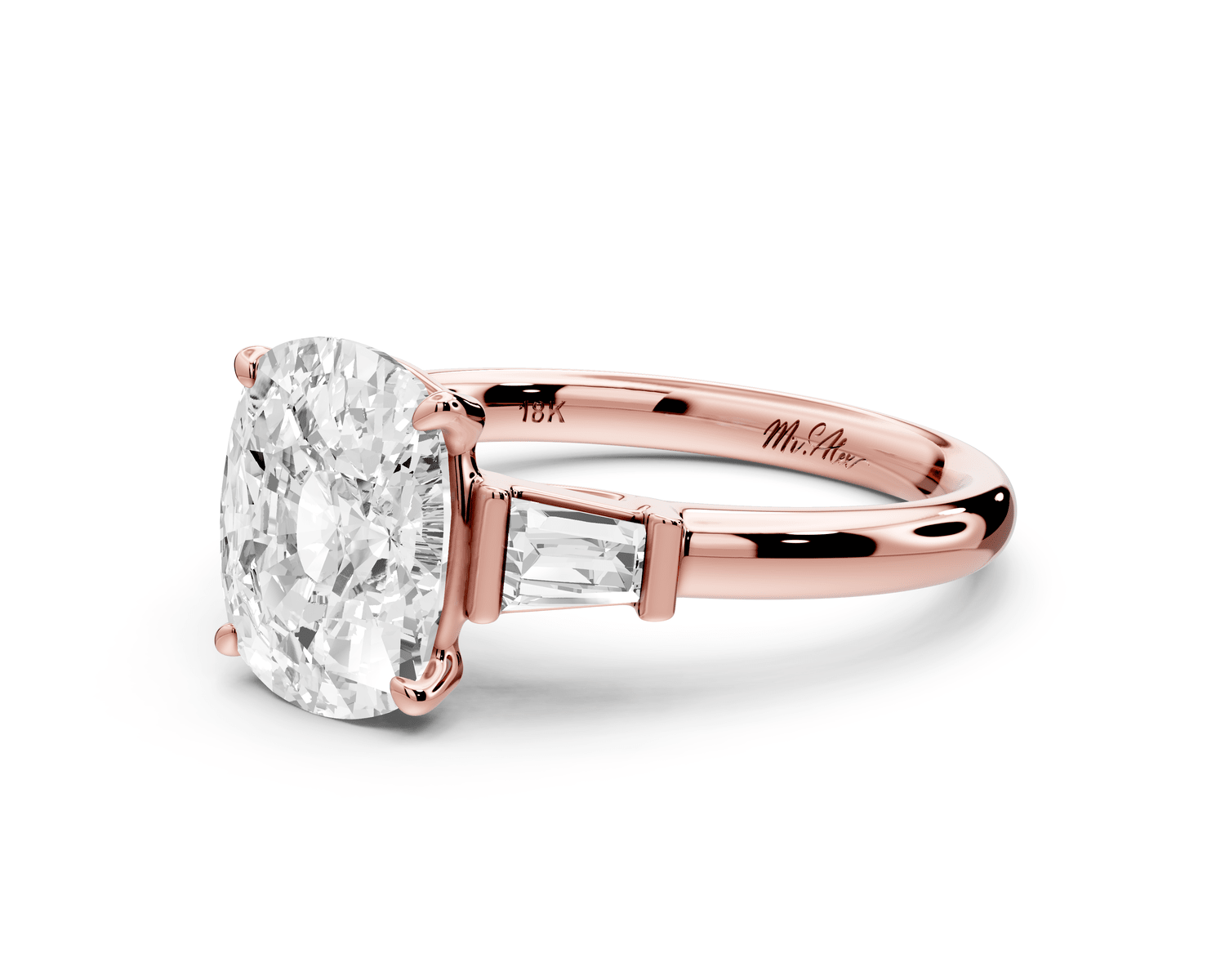 Naomi - 3ct 18k rose gold ecushion diamond with Tapered Baguettes side stones Engagement Ring - Mr. Alex Jewelry