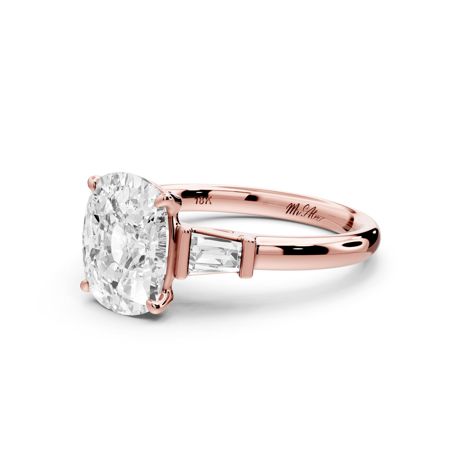 Naomi - 3ct 18k rose gold ecushion diamond with Tapered Baguettes side stones Engagement Ring - Mr. Alex Jewelry
