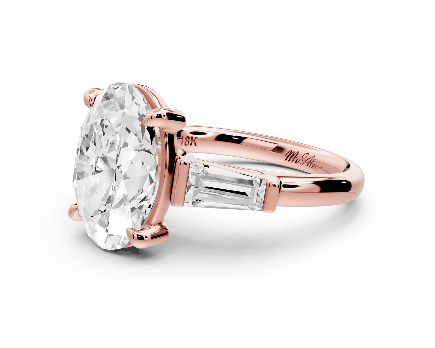 Naomi - 3ct 18k rose gold oval diamond with Tapered Baguettes side stones Engagement Ring - Mr. Alex Jewelry