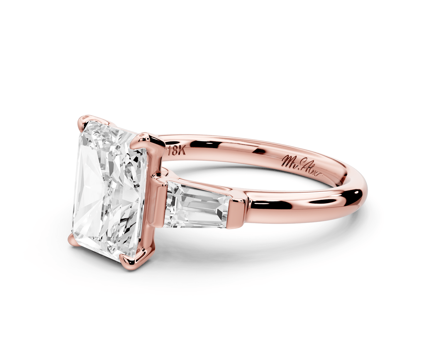 Naomi - 3ct 18k rose gold radiant diamond with Tapered Baguettes side stones Engagement Ring - Mr. Alex Jewelry