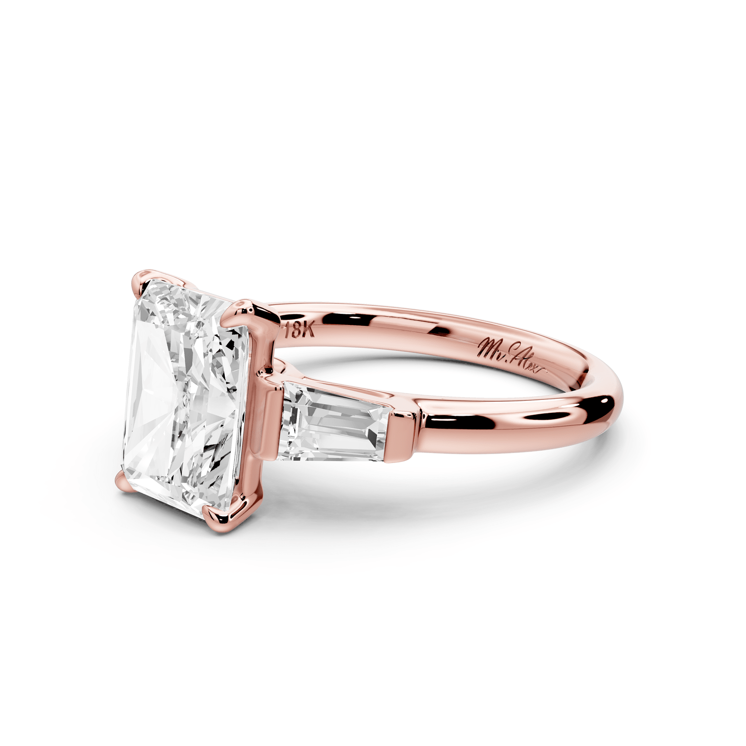 Naomi - 3ct 18k rose gold radiant diamond with Tapered Baguettes side stones Engagement Ring - Mr. Alex Jewelry