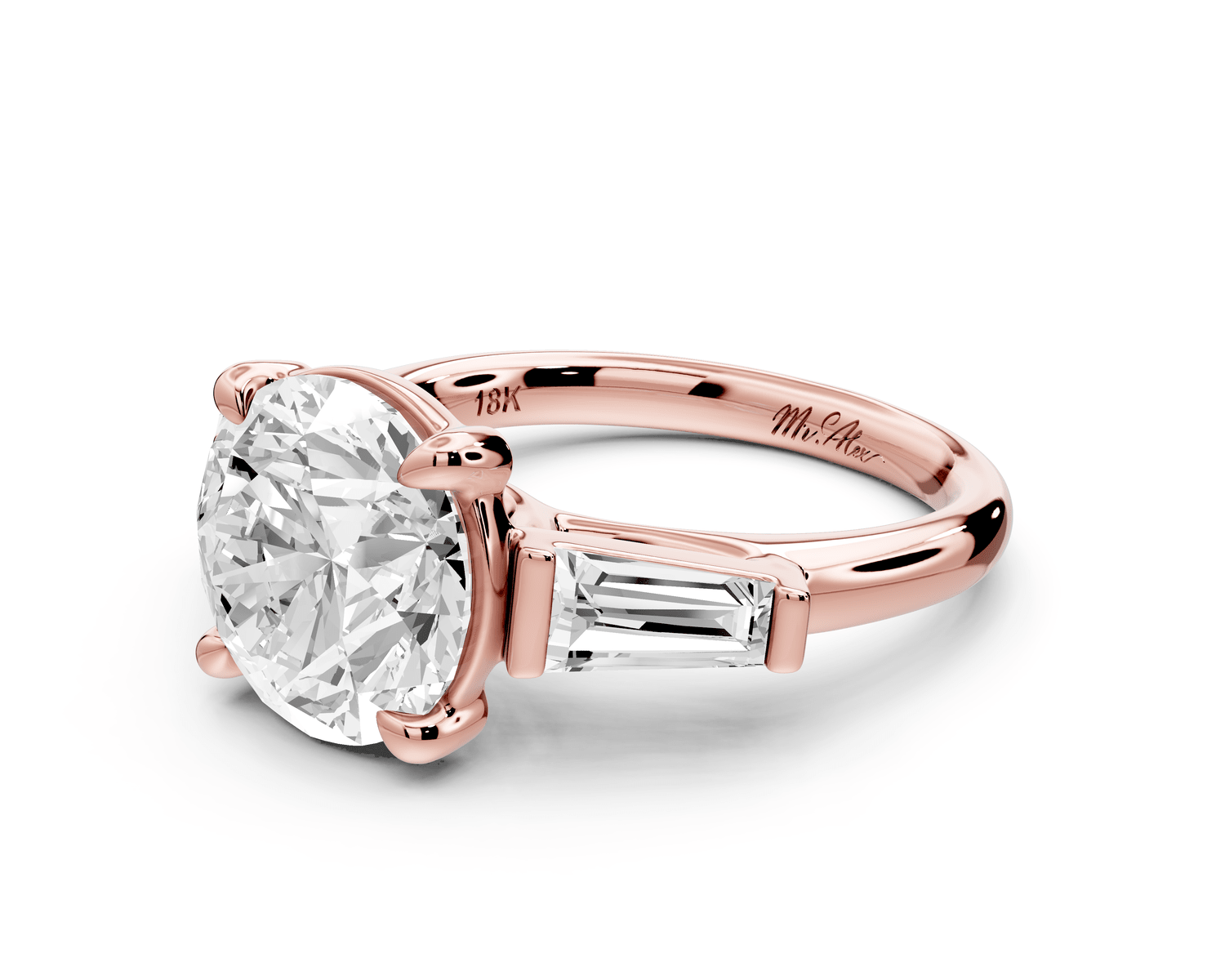 Naomi - 3ct 18k rose gold round diamond with Tapered Baguettes side stones Engagement Ring - Mr. Alex Jewelry
