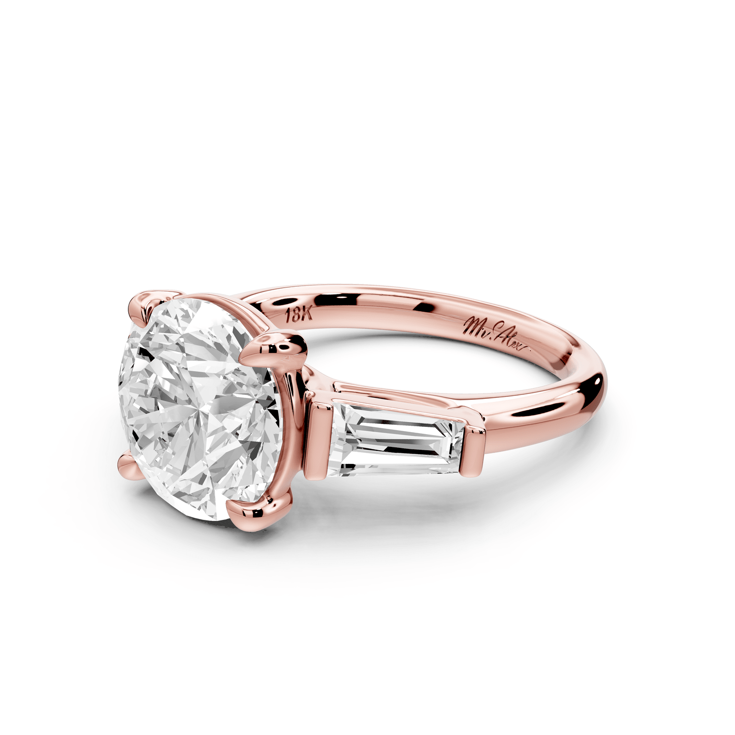 Naomi - 3ct 18k rose gold round diamond with Tapered Baguettes side stones Engagement Ring - Mr. Alex Jewelry