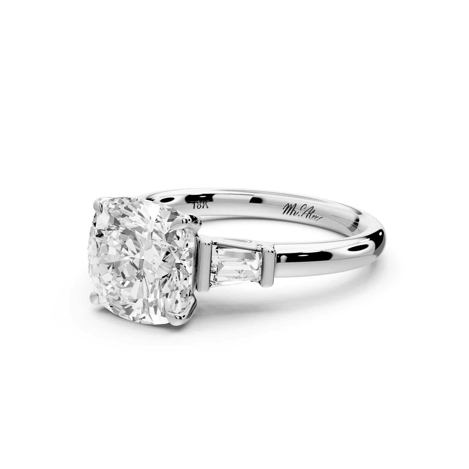 Naomi - 3ct 18k white gold cushion diamond with Tapered Baguettes side stones Engagement Ring - Mr. Alex Jewelry