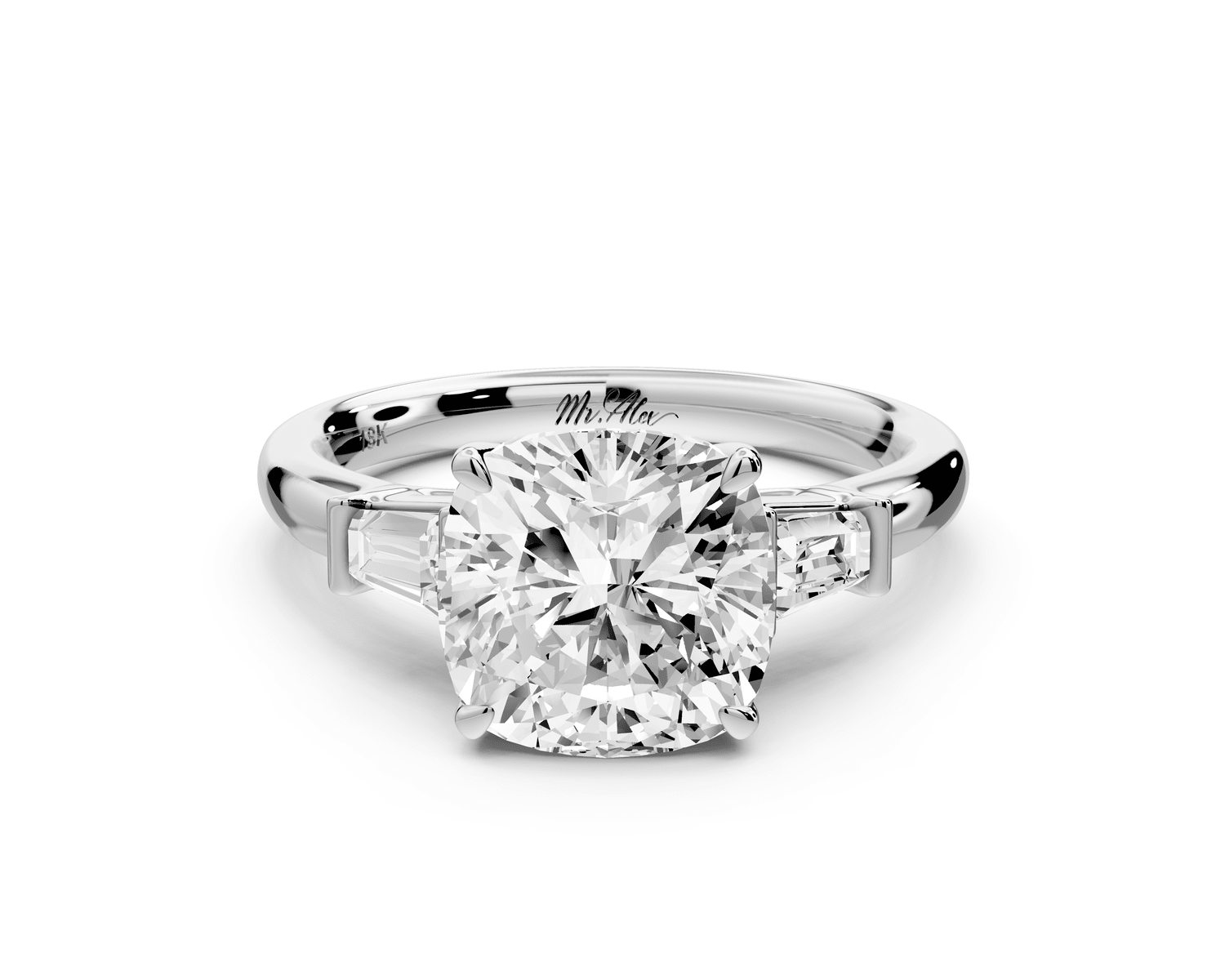 Naomi - 3ct 18k white gold cushion diamond with Tapered Baguettes side stones Engagement Ring - Mr. Alex Jewelry