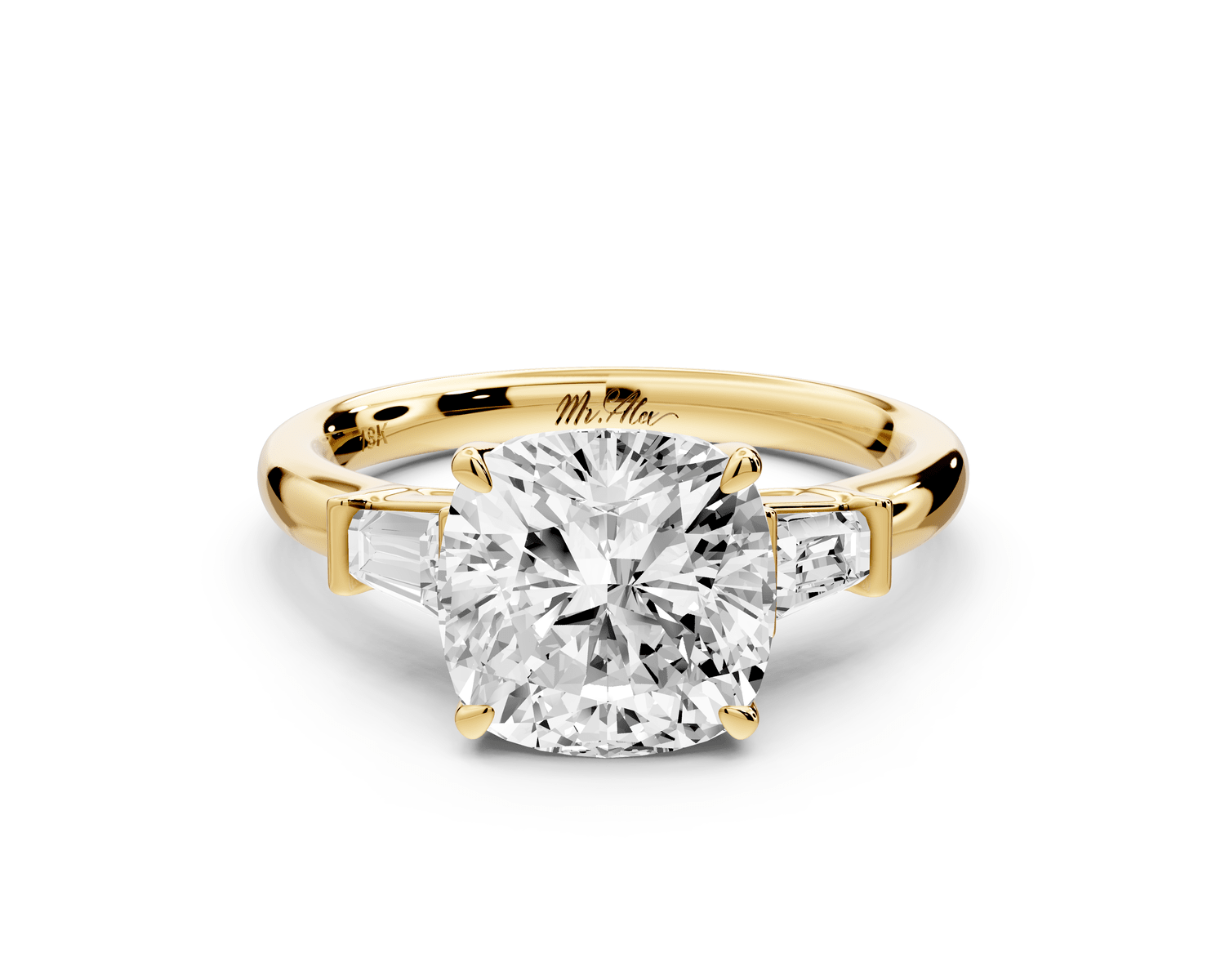 Naomi - 3ct 18k yellow gold cushion diamond with Tapered Baguettes side stones Engagement Ring - Mr. Alex Jewelry