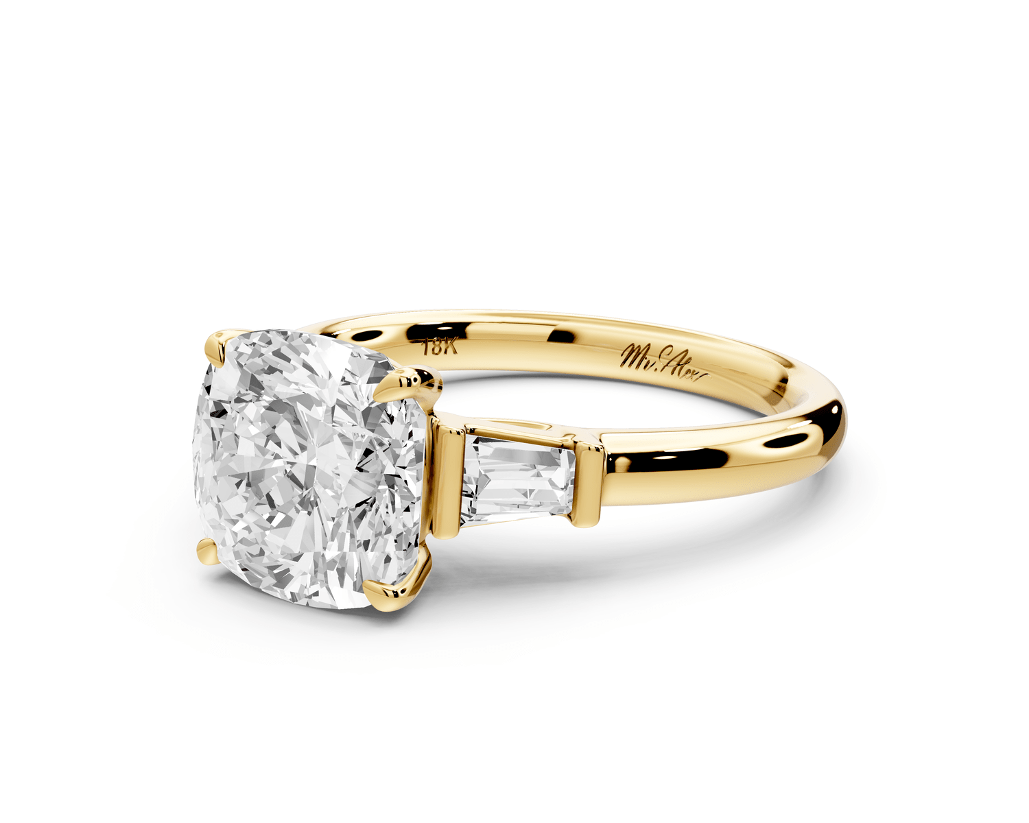 Naomi - 3ct 18k yellow gold cushion diamond with Tapered Baguettes side stones Engagement Ring - Mr. Alex Jewelry