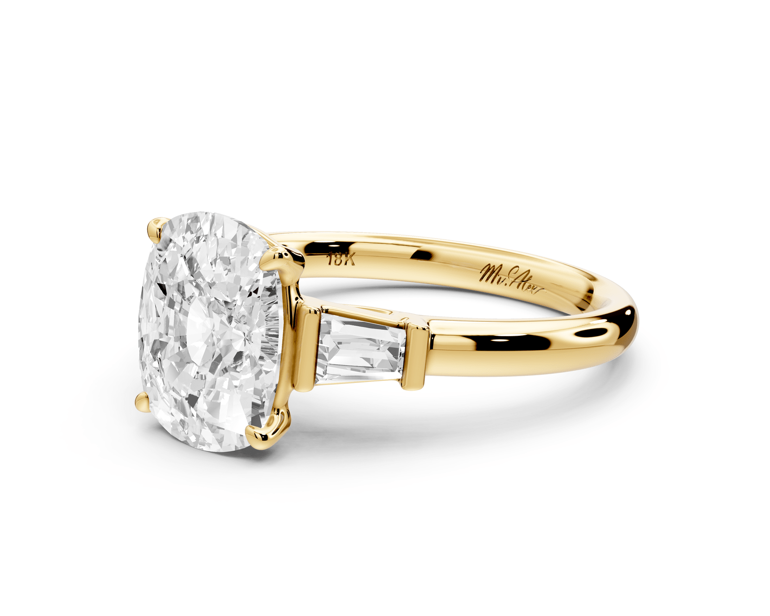 Naomi - 3ct 18k yellow gold ecushion diamond with Tapered Baguettes side stones Engagement Ring - Mr. Alex Jewelry