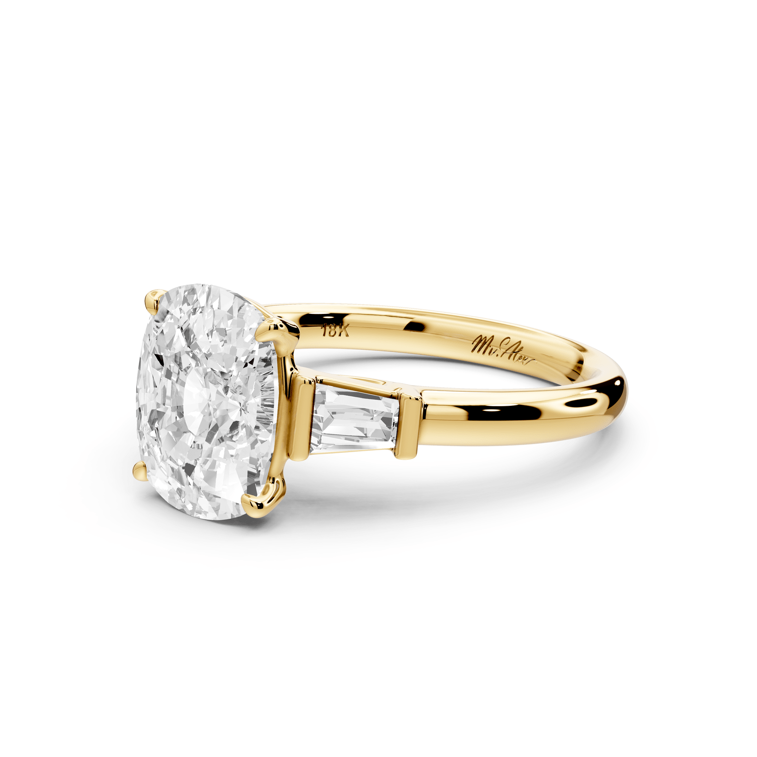 Naomi - 3ct 18k yellow gold ecushion diamond with Tapered Baguettes side stones Engagement Ring - Mr. Alex Jewelry