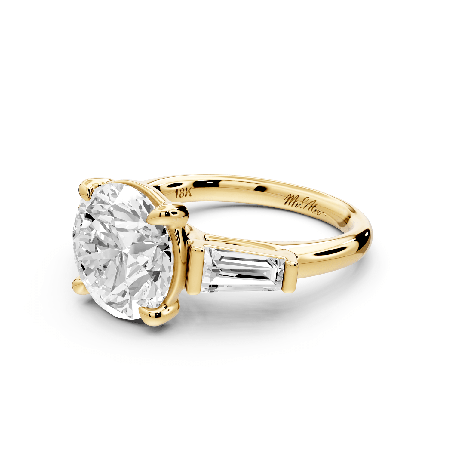 Naomi - 3ct 18k yellow gold round diamond with Tapered Baguettes side stones Engagement Ring - Mr. Alex Jewelry