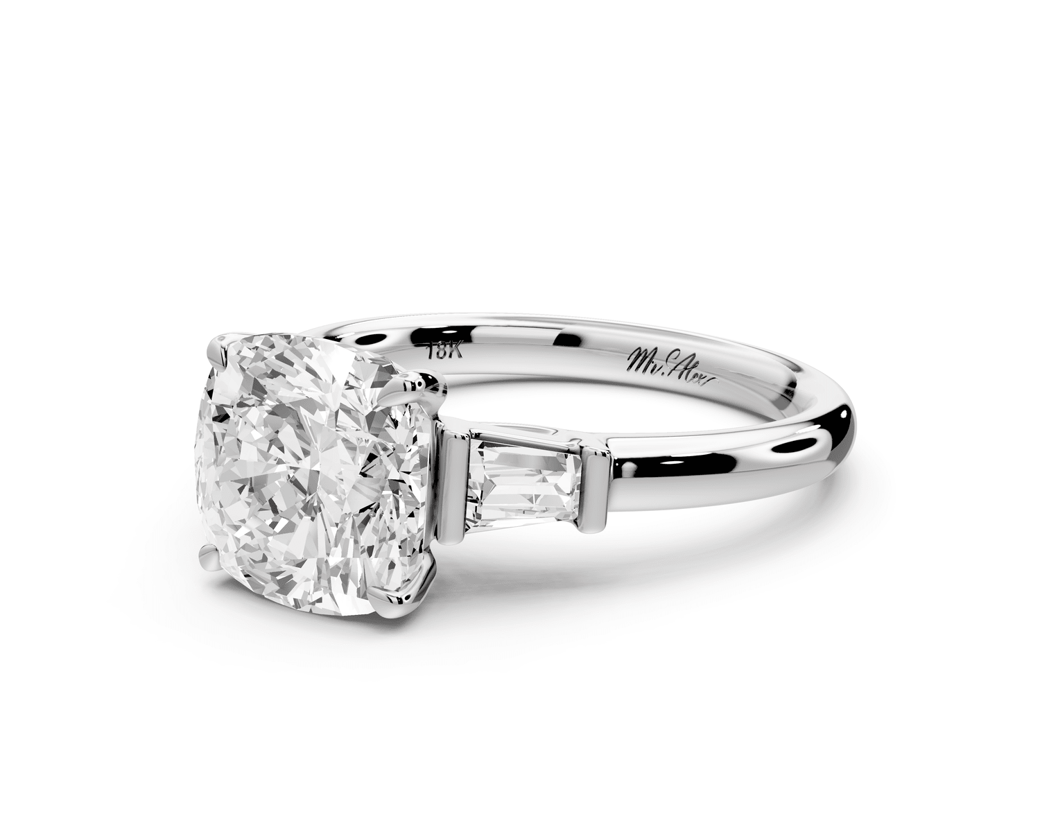 Naomi - 3ct platinum cushion diamond with Tapered Baguettes side stones Engagement Ring - Mr. Alex Jewelry