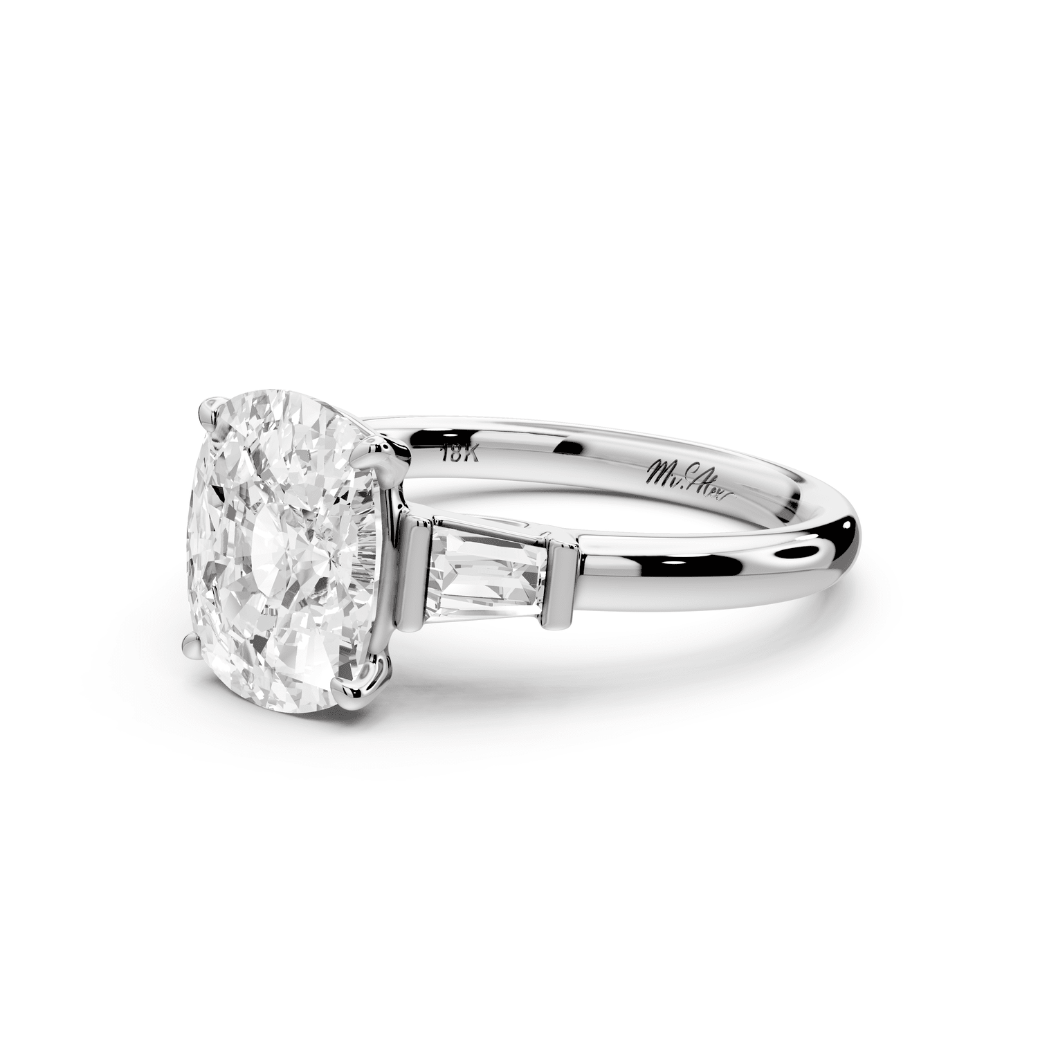 Naomi - 3ct platinum ecushion diamond with Tapered Baguettes side stones Engagement Ring - Mr. Alex Jewelry