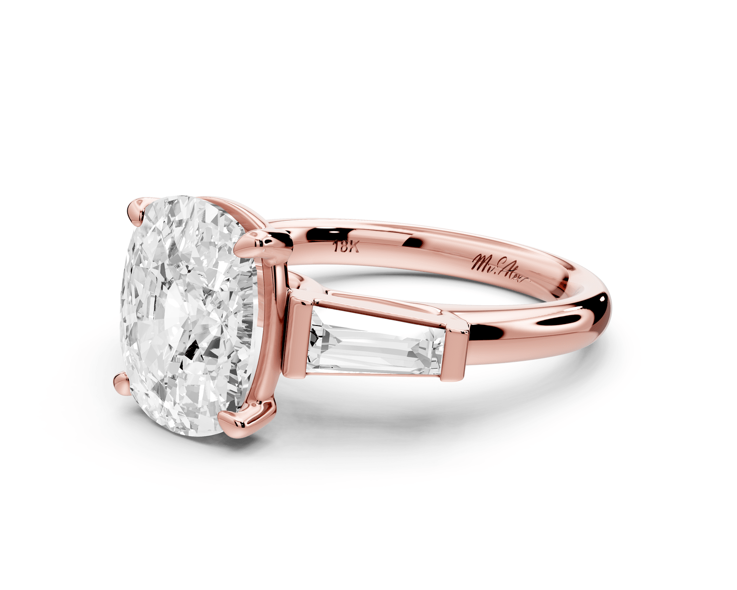 Naomi - 4ct 14k rose gold ecushion diamond with Tapered Baguettes side stones Engagement Ring - Mr. Alex Jewelry