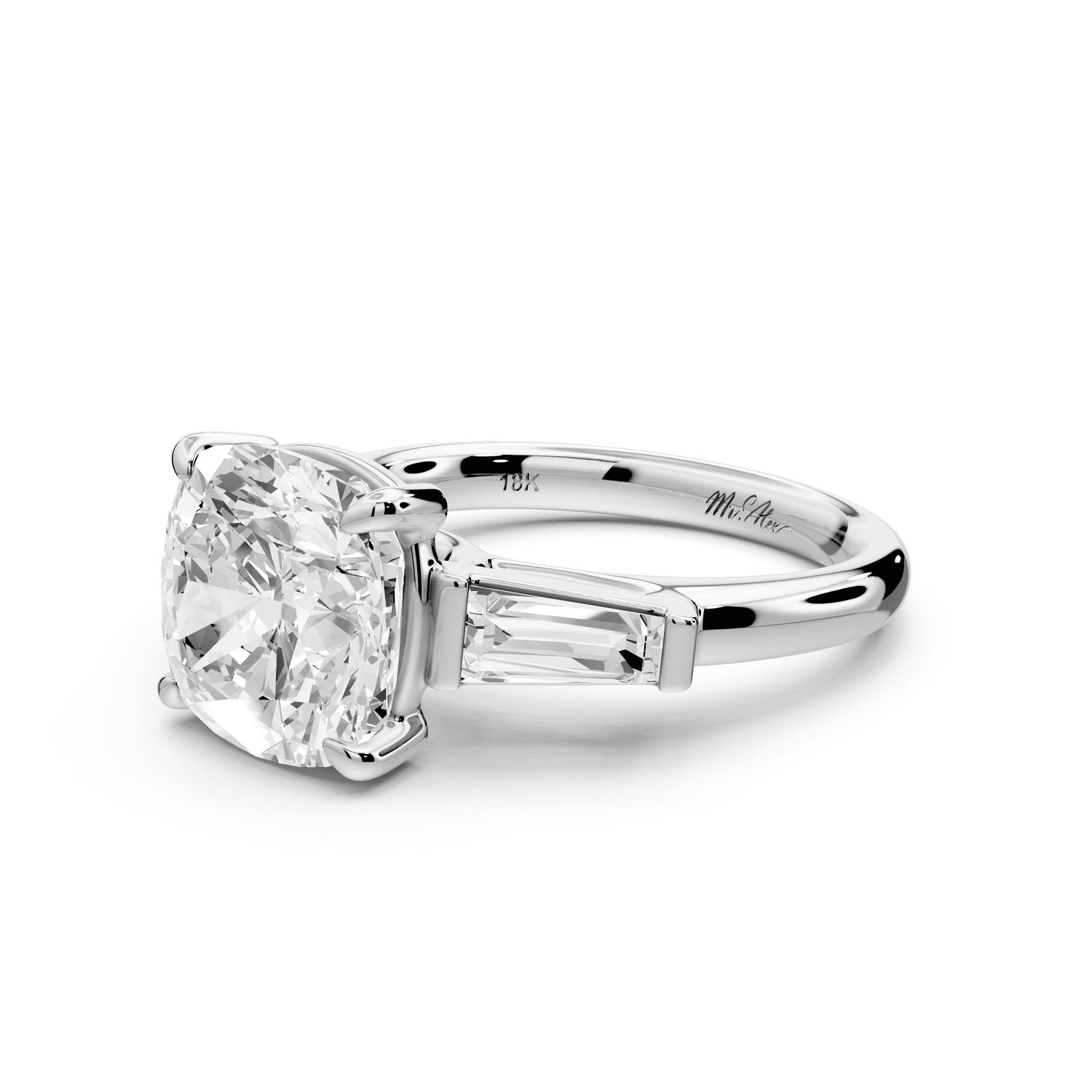 Naomi - 4ct 14k white gold cushion diamond with Tapered Baguettes side stones Engagement Ring - Mr. Alex Jewelry