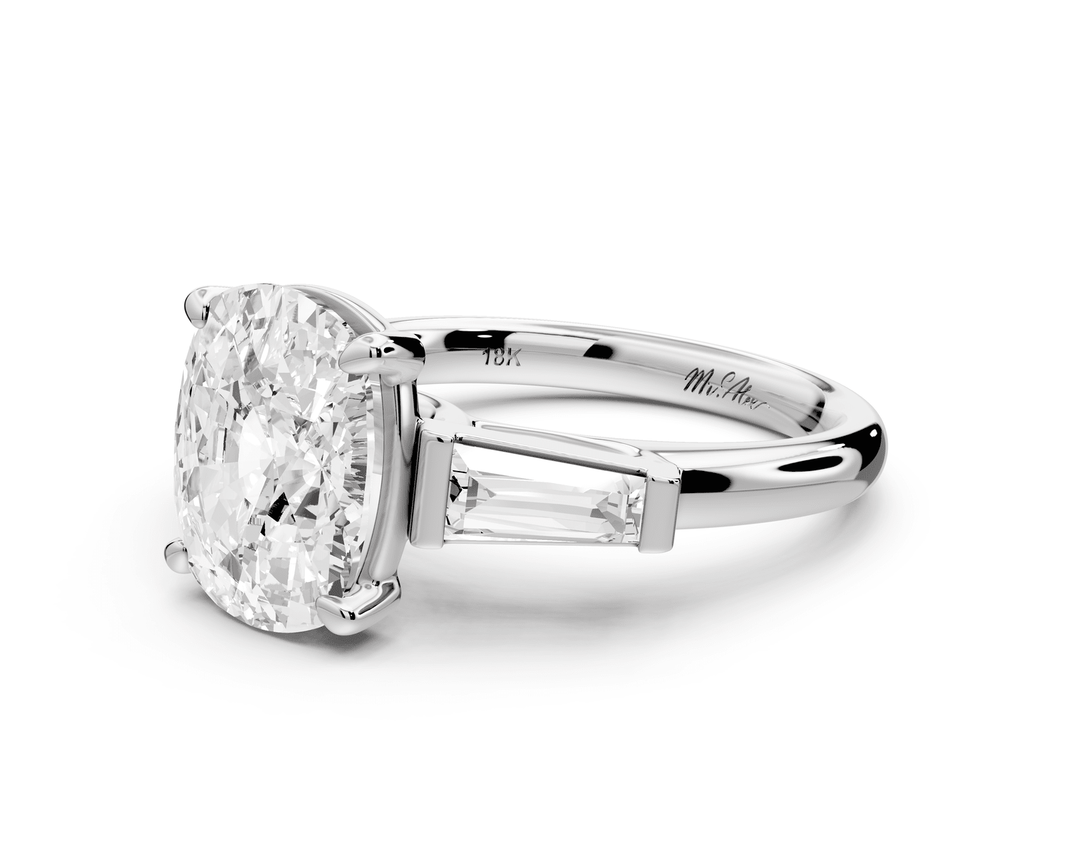 Naomi - 4ct 14k white gold ecushion diamond with Tapered Baguettes side stones Engagement Ring - Mr. Alex Jewelry