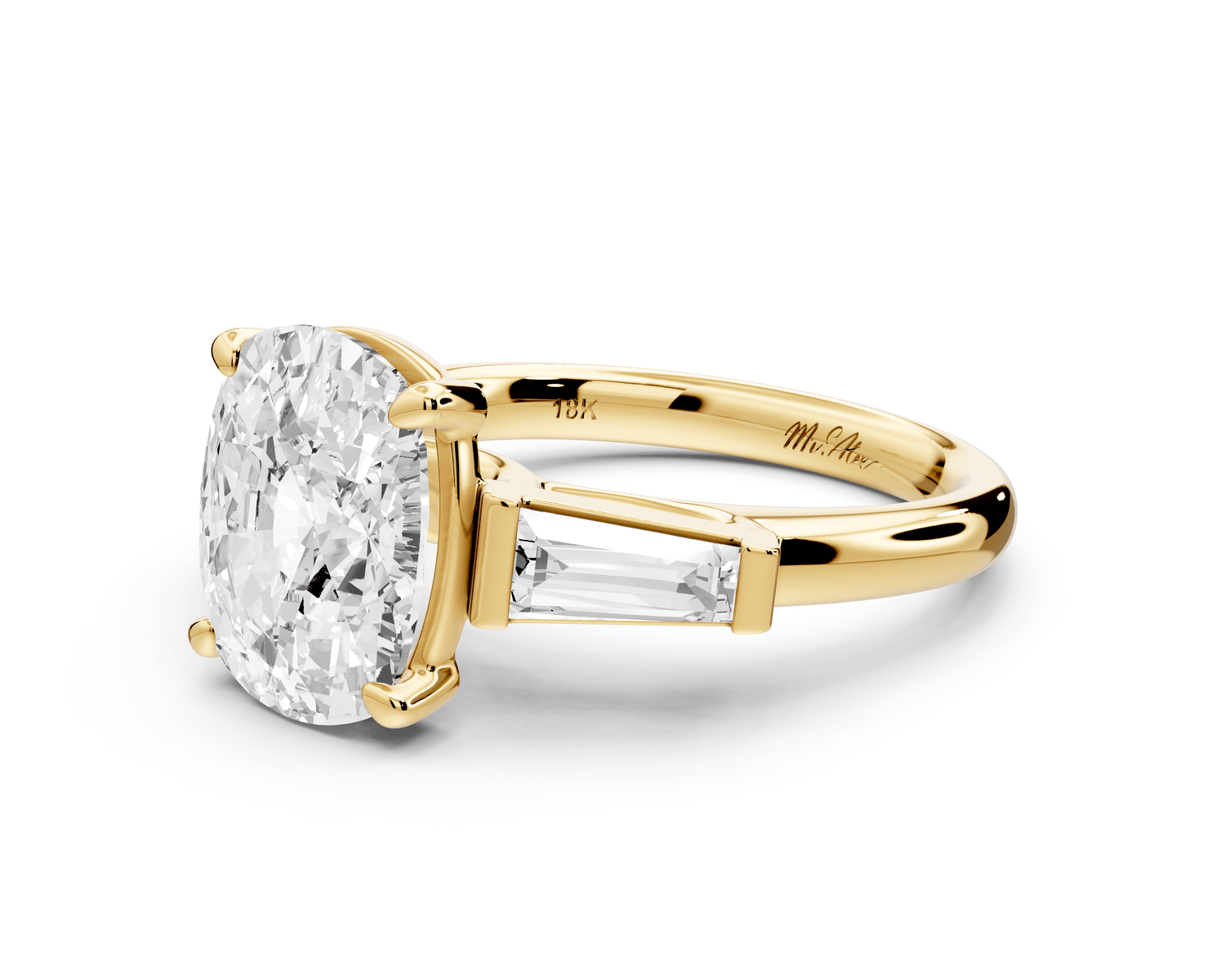 Naomi - 4ct 14k yellow gold ecushion diamond with Tapered Baguettes side stones Engagement Ring - Mr. Alex Jewelry