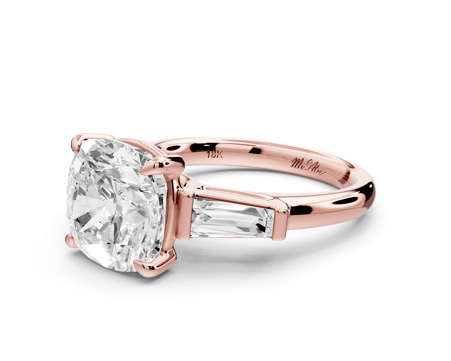 Naomi - 4ct 18k rose gold cushion diamond with Tapered Baguettes side stones Engagement Ring - Mr. Alex Jewelry