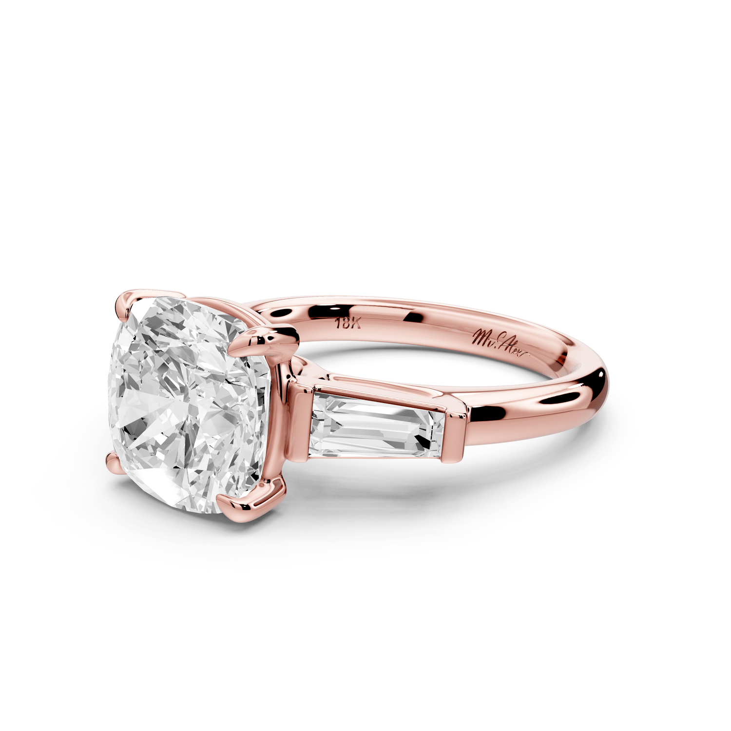 Naomi - 4ct 18k rose gold cushion diamond with Tapered Baguettes side stones Engagement Ring - Mr. Alex Jewelry