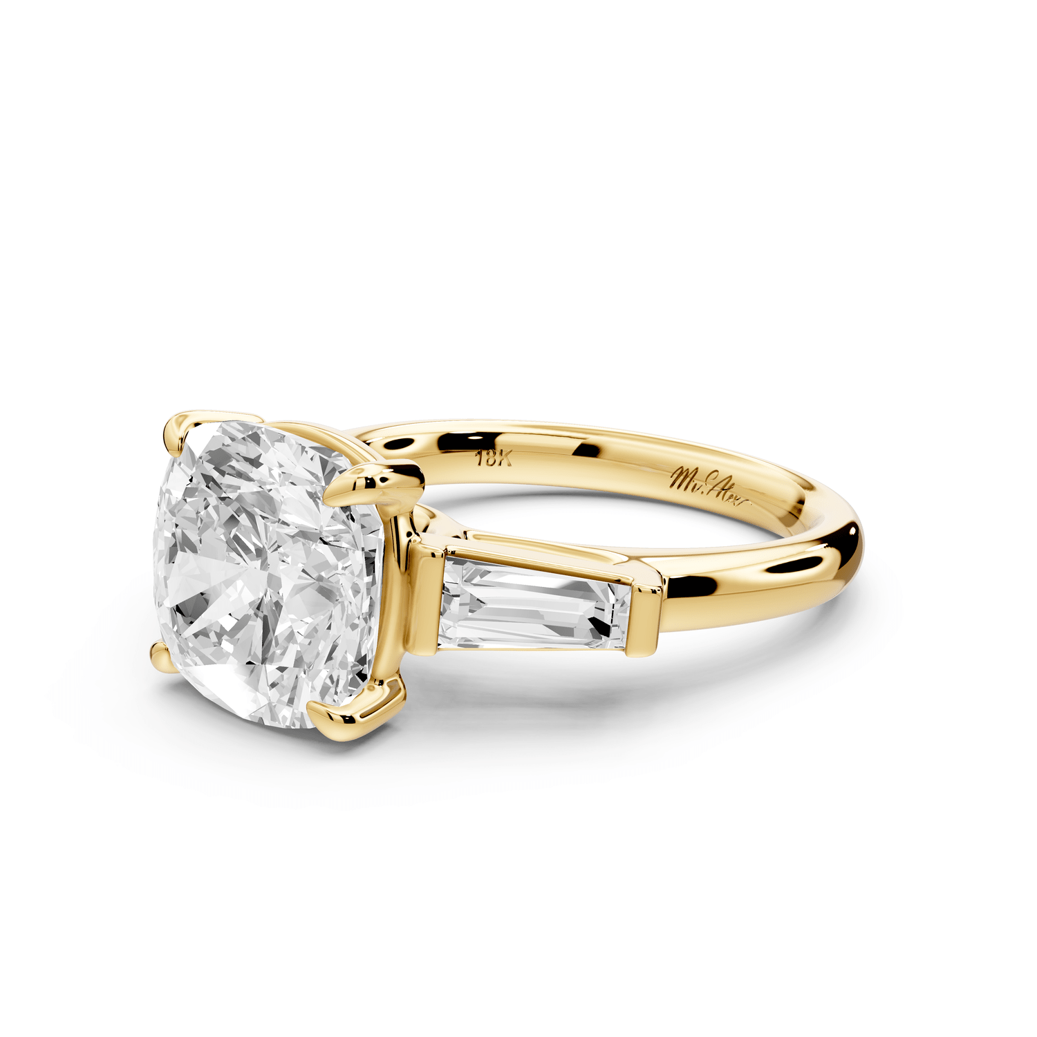 Naomi - 4ct 18k yellow gold cushion diamond with Tapered Baguettes side stones Engagement Ring - Mr. Alex Jewelry