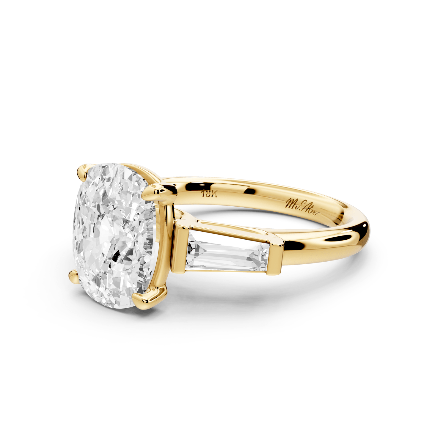 Naomi - 4ct 18k yellow gold ecushion diamond with Tapered Baguettes side stones Engagement Ring - Mr. Alex Jewelry